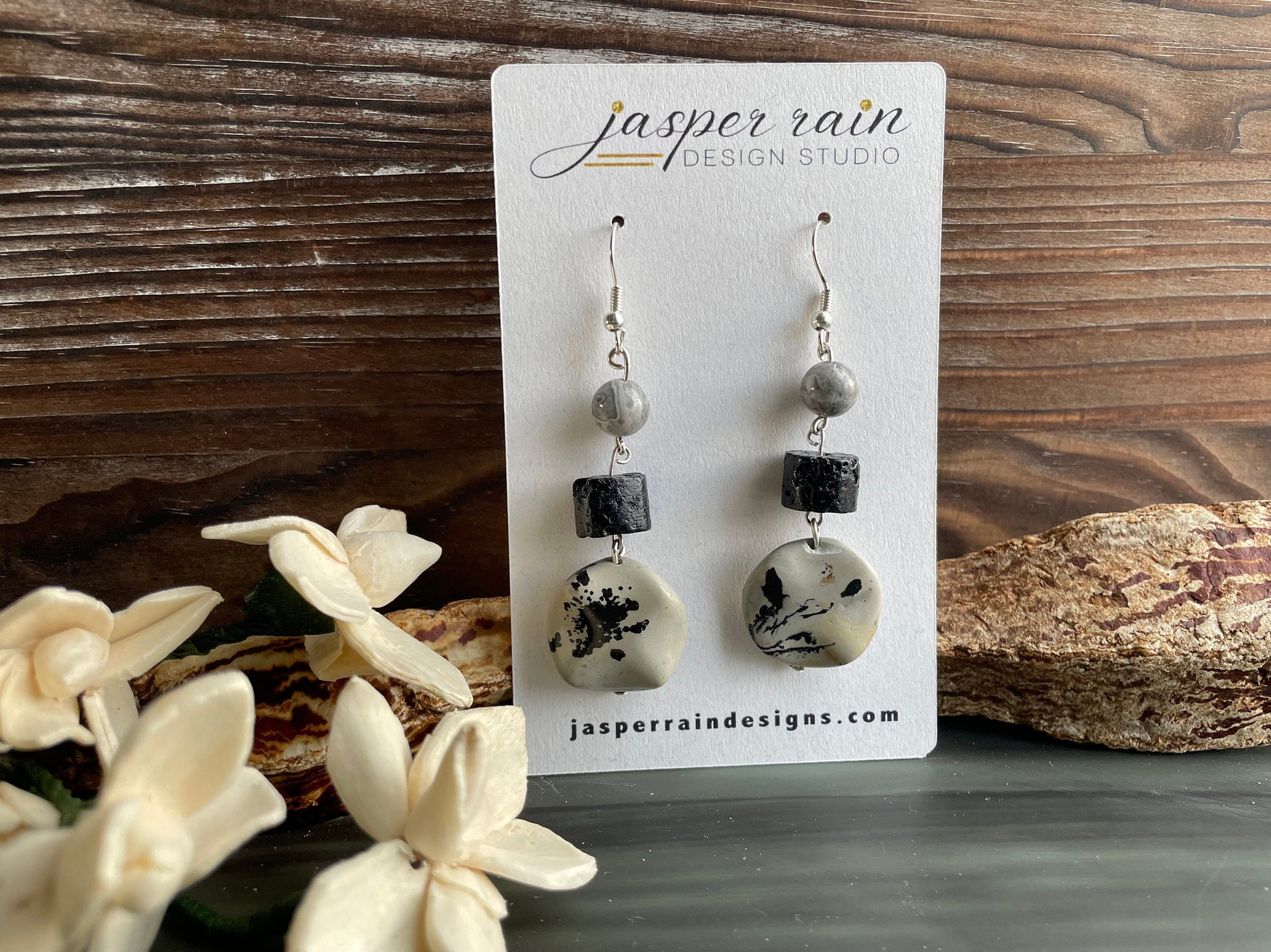 Jasper drop earrings, Silver Leaf Jasper gemstone, Lava beads and Silver Crazy Lace Agate drop earrings