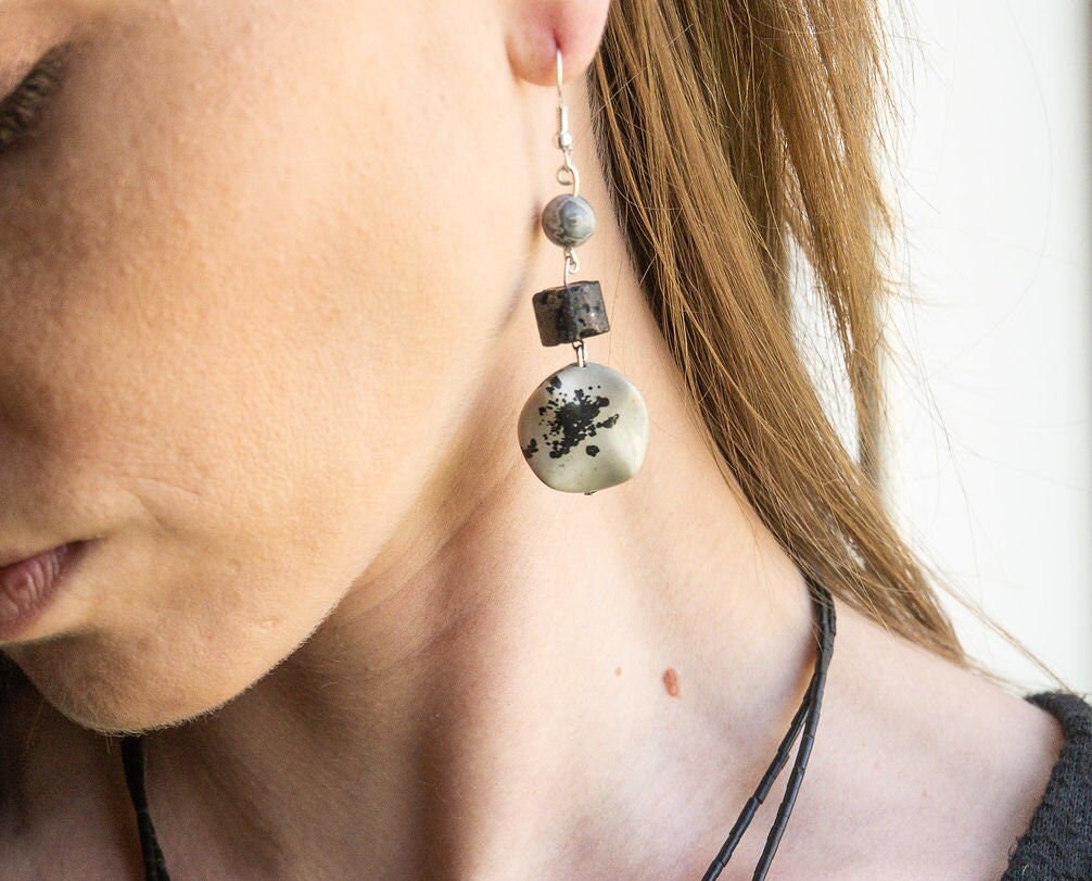 Jasper drop earrings, Silver Leaf Jasper gemstone, Lava beads and Silver Crazy Lace Agate drop earrings