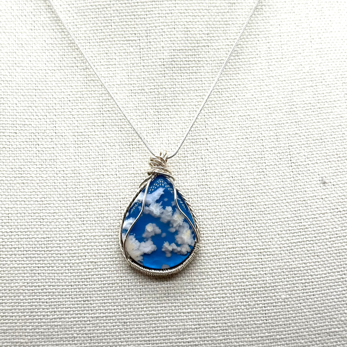Blue Sky Plume Agate Pendant Necklace – Silver Wire Wrapped Gemstone Jewelry