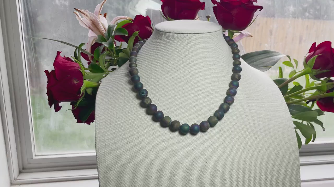 Stunning rainbow druzy necklace, big bold beads with crystals