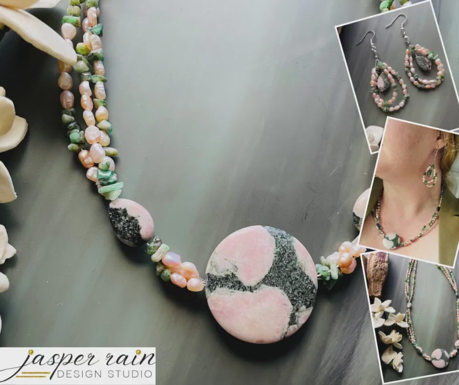 Jade and Pearl necklace , Rhodochrosite and pearl necklace, natural jade necklace, natural pink pearl necklace