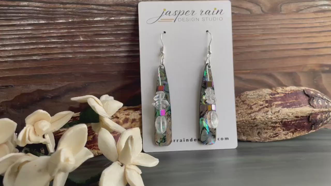 Abalone-looking resin beads with real crystal and rainbow hematite beads, longer dangle