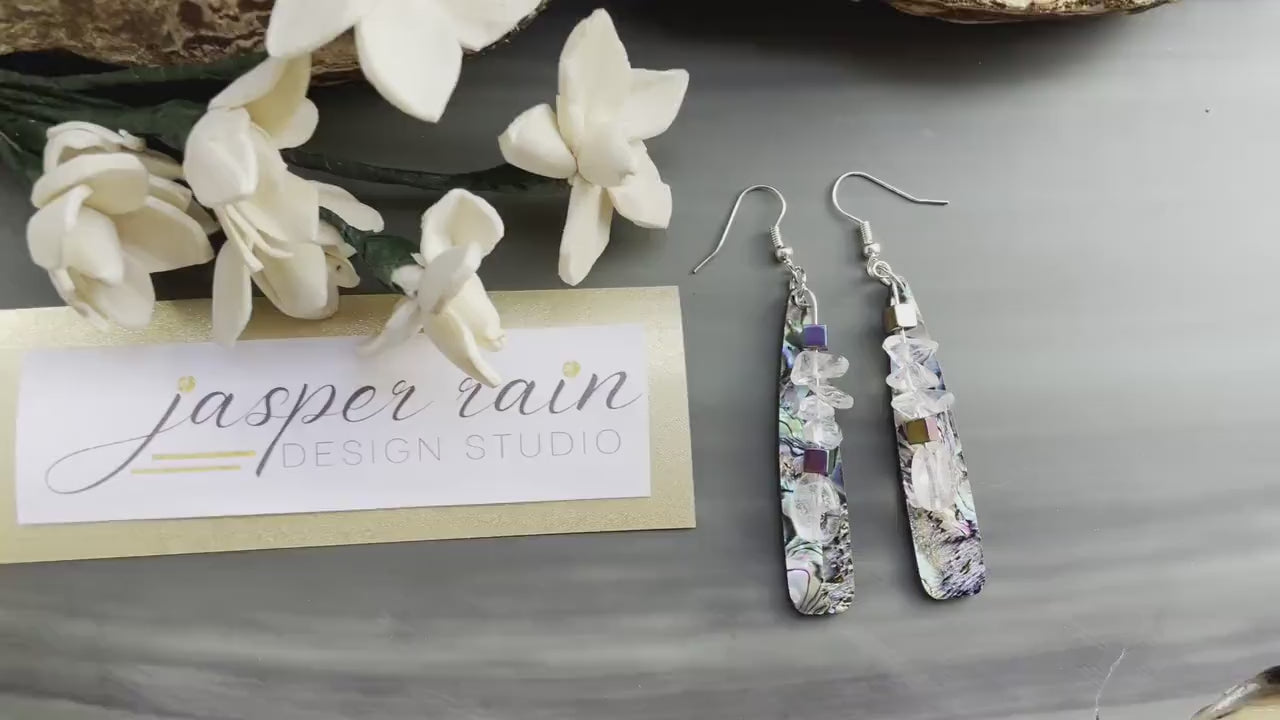 Abalone-looking resin beads with real crystal and rainbow hematite beads, longer dangle