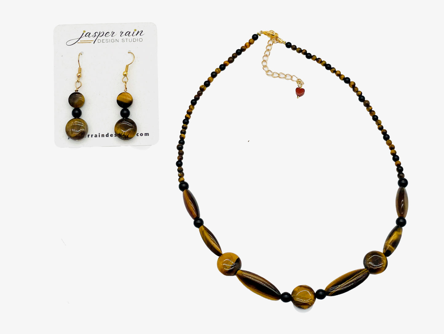 Natural Tiger's Eye and black Onyx gemstone necklace, adjustable