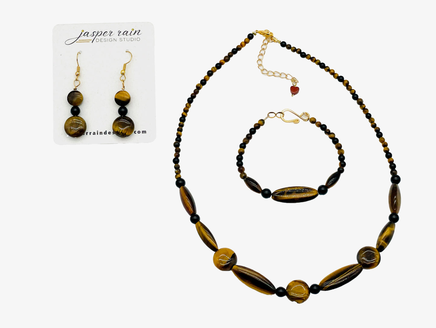 Natural Tiger's Eye and black Onyx gemstone necklace, adjustable