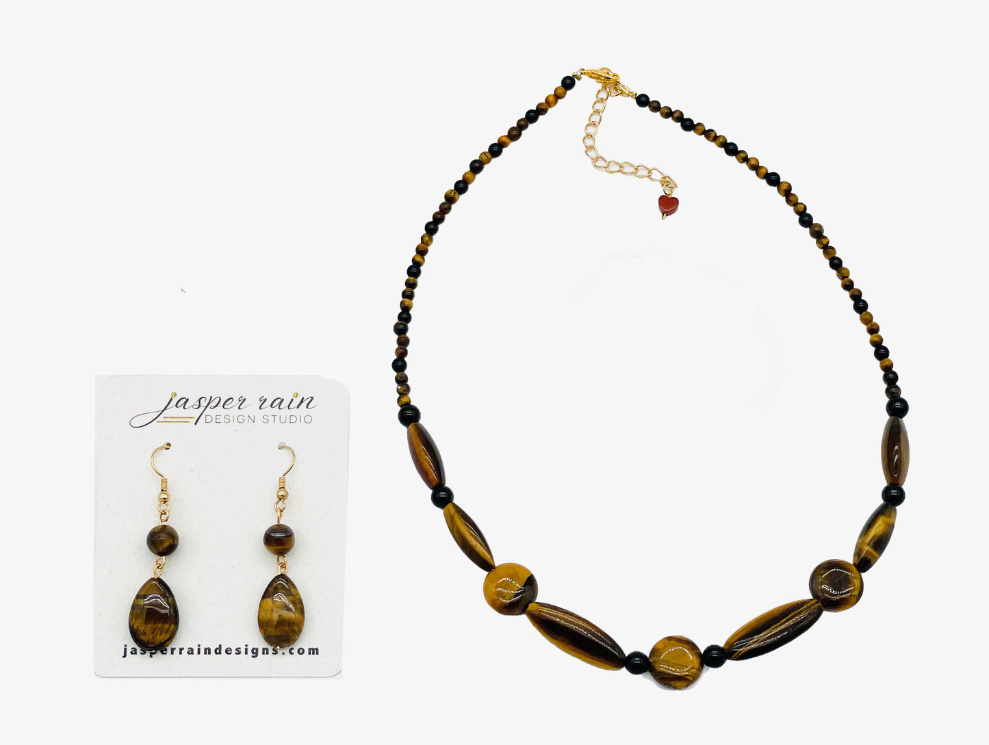 Natural Tiger's Eye and black Onyx gemstone necklace, adjustable
