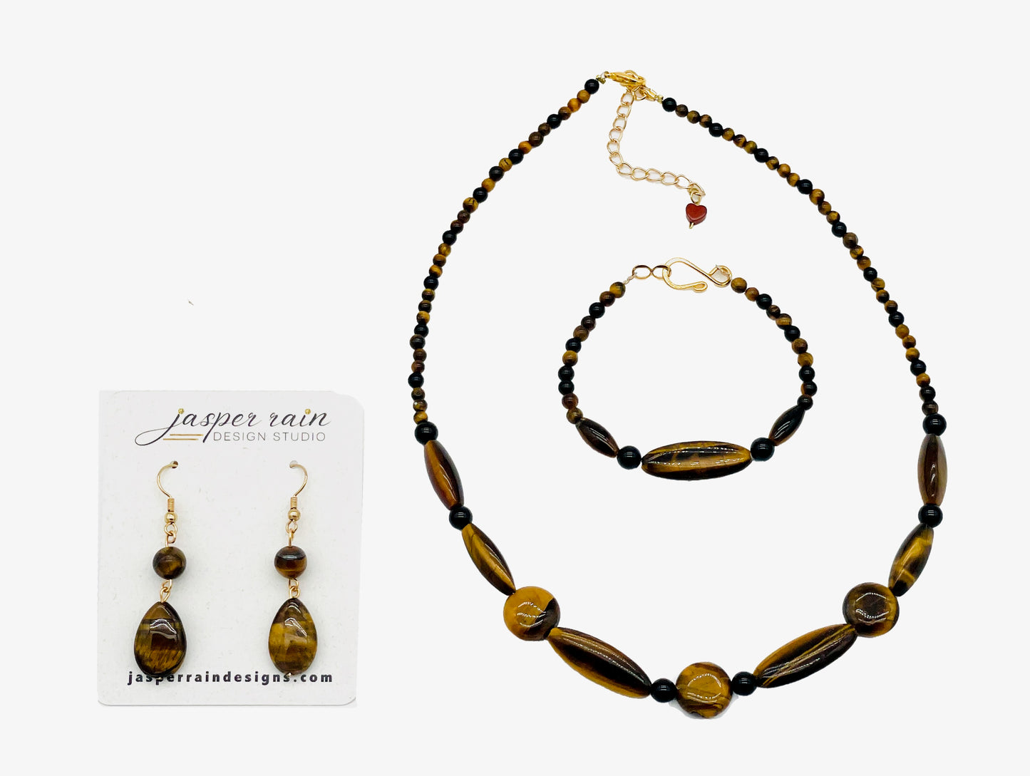 Natural Tiger's Eye and black Onyx gemstone necklace, adjustable