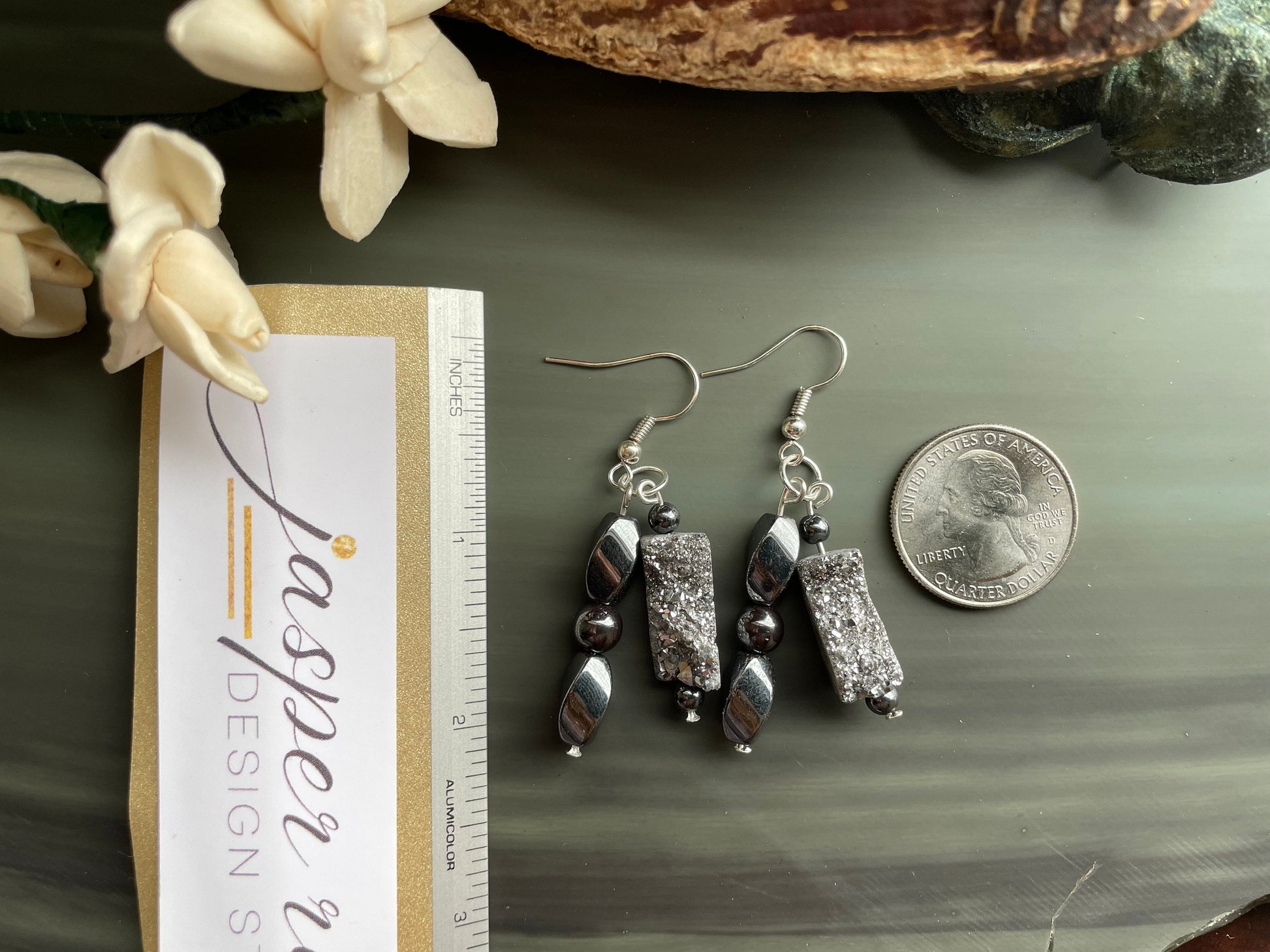 Druzy earrings, Natural Platinum Druzy and hematite earrings, natural druzy earrings, silver druzy drop earrings, handmade gemstone earrings