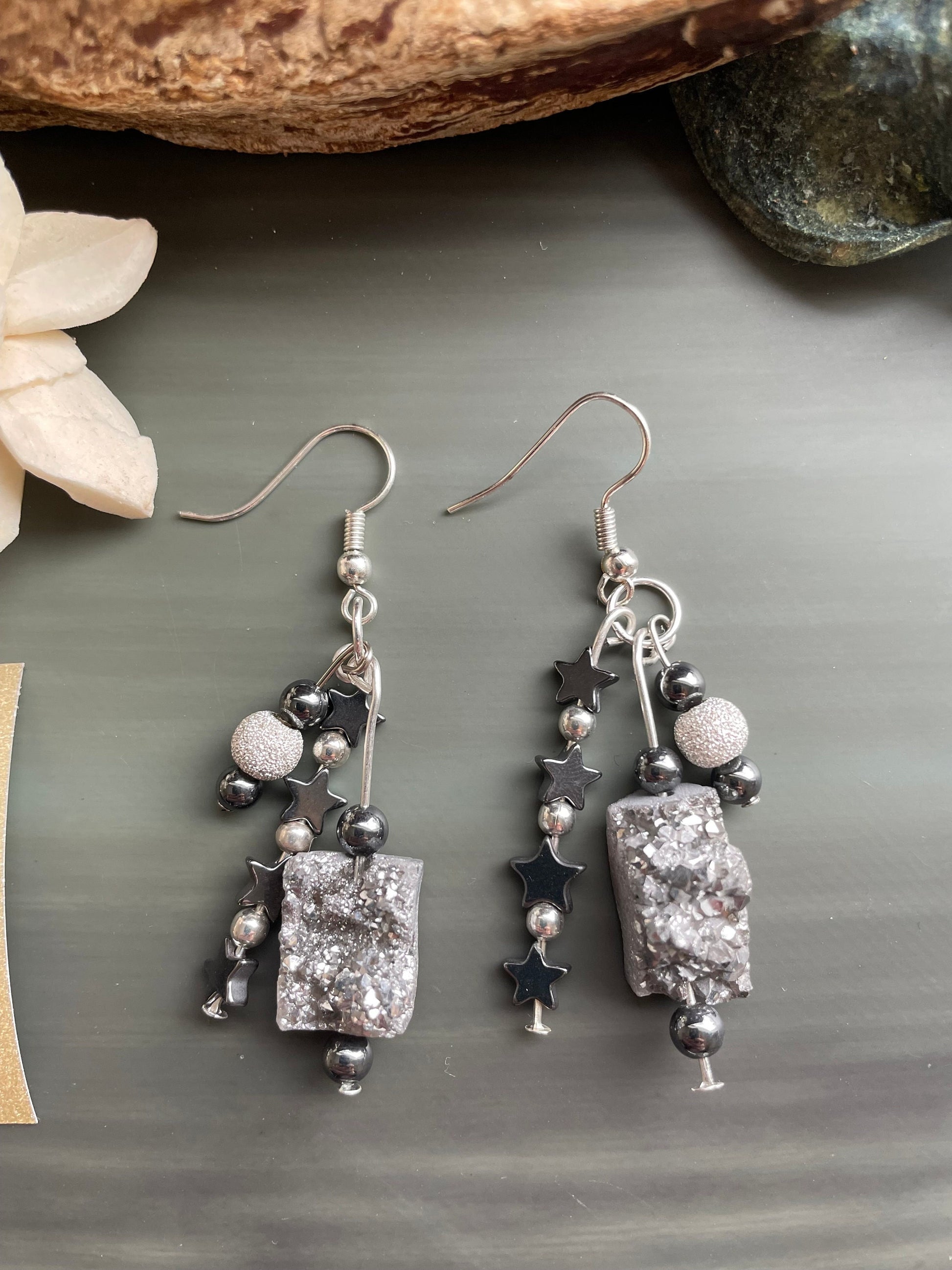 Platinum Druzy crystal, silver glitter beads, and hematite star beads. Handmade, one-of-a-kind dangle earrings