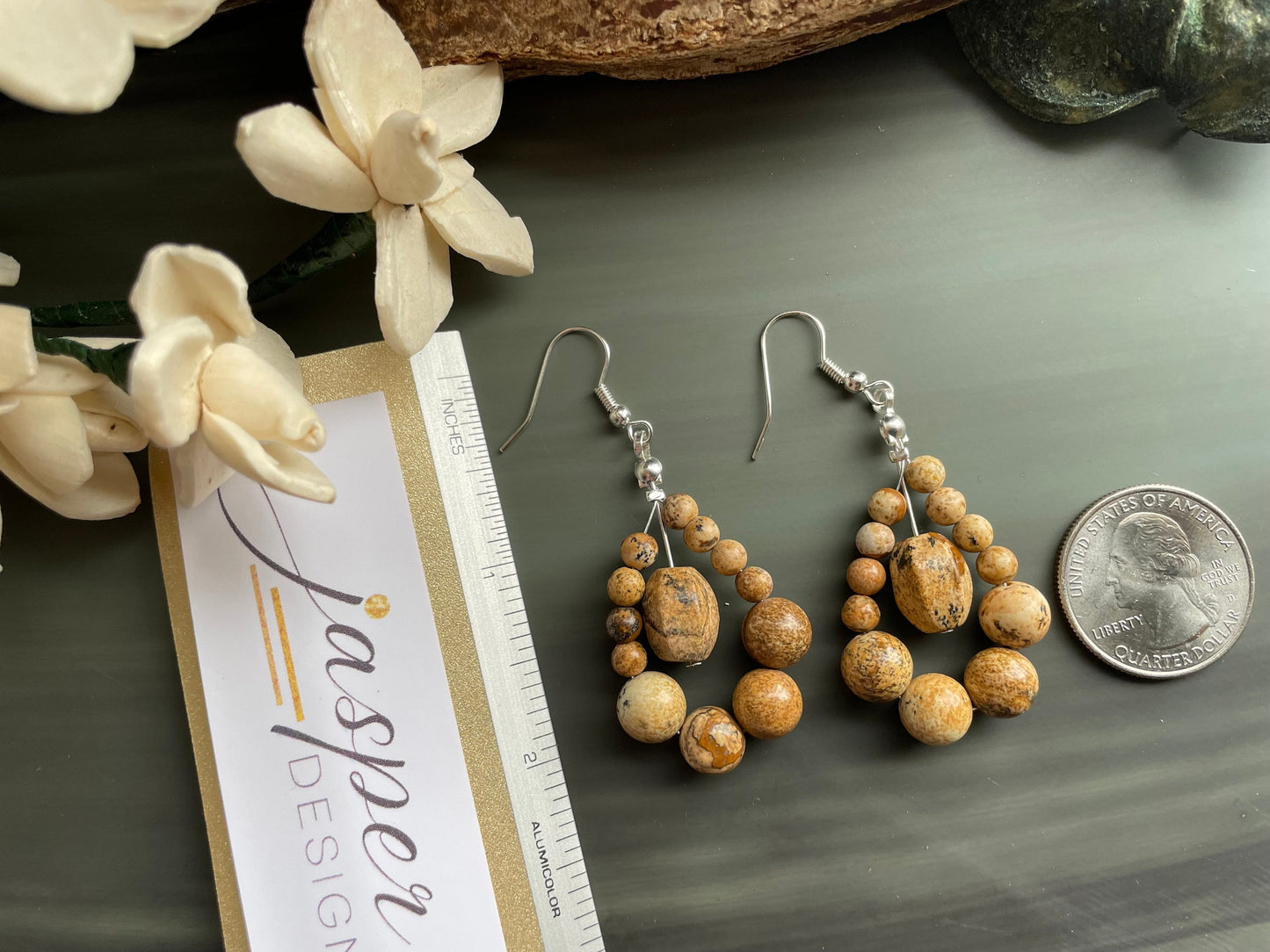 Natural Picture Jasper gemstone loop earrings, handmade drop earrings, silver plated earring wires