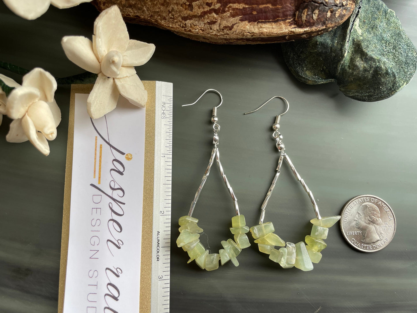 Gemstone drop earrings with prehnite chips and stainless steel beads.