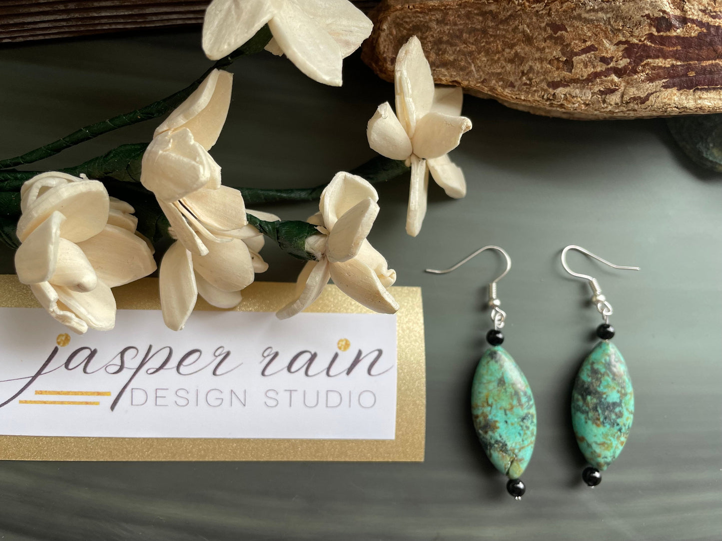 Handmade African Turquoise and black onyx drop earrings