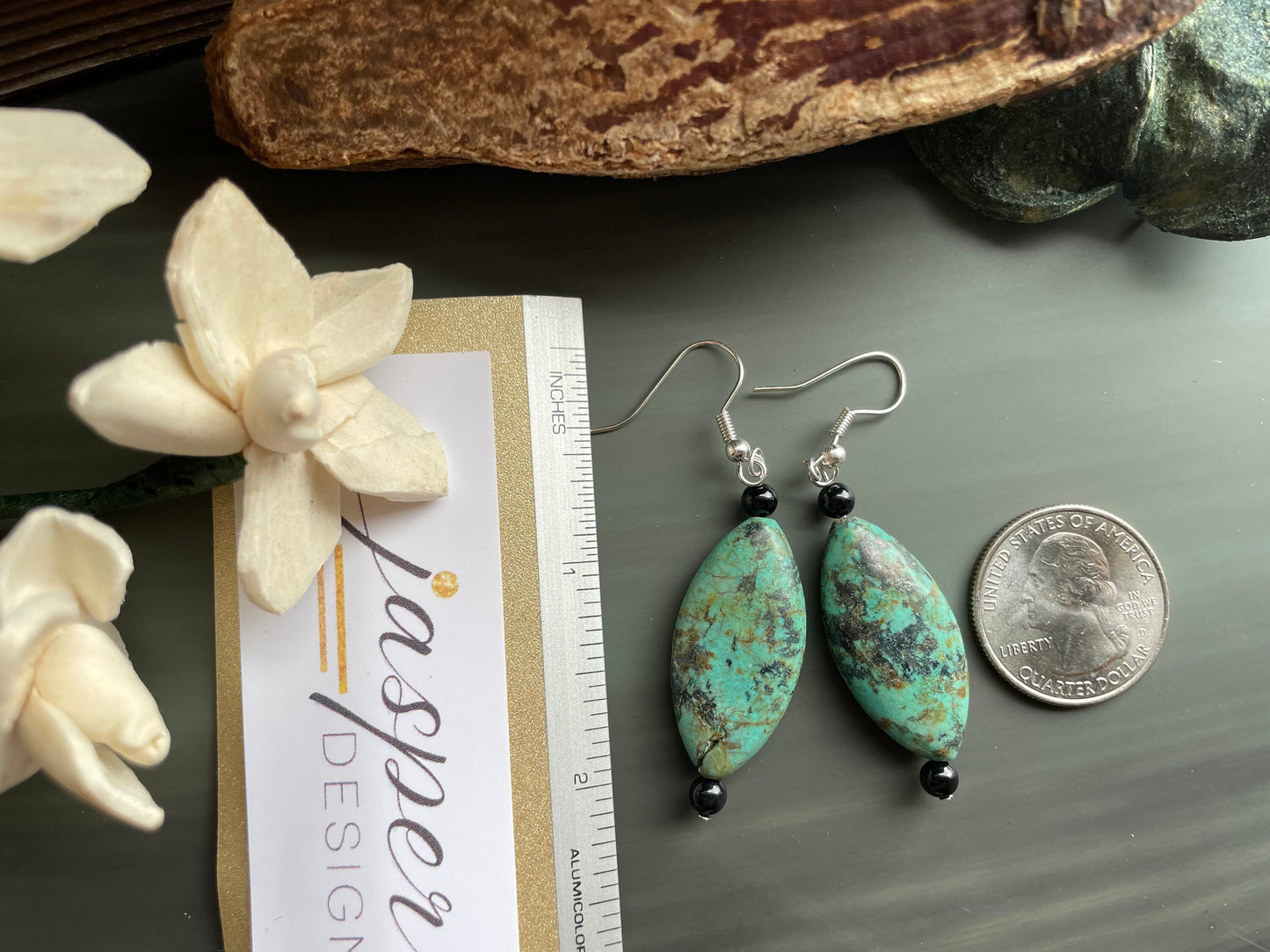 Handmade African Turquoise and black onyx drop earrings