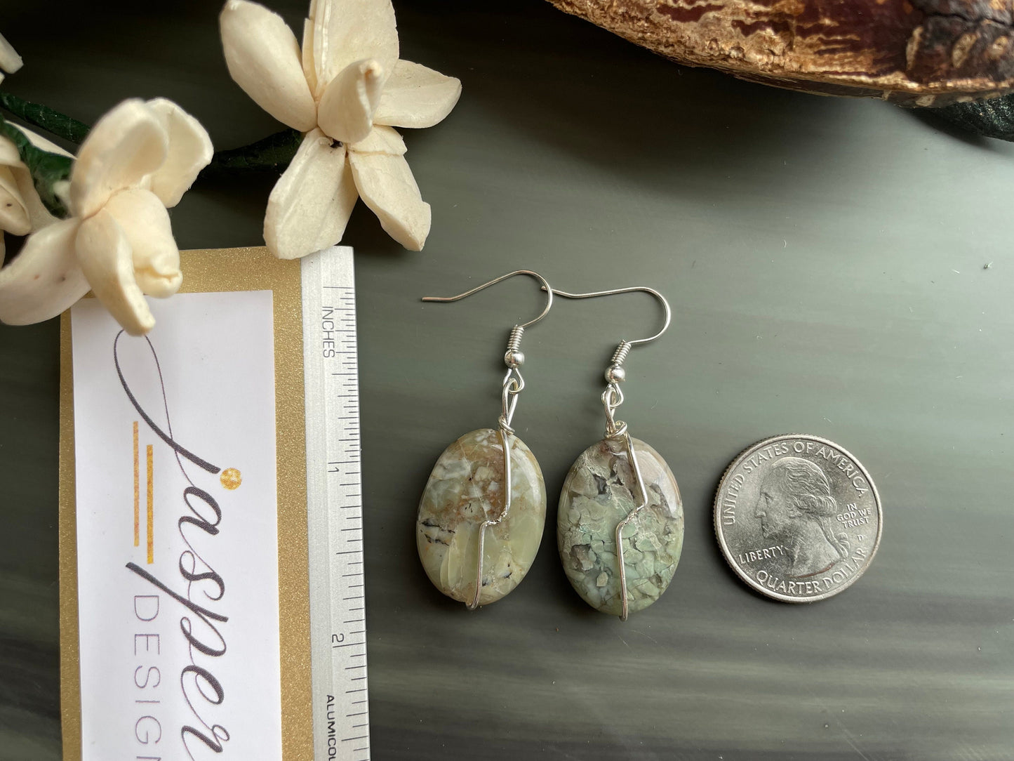 Natural Rainforest Jasper (Rhyolite) handmade drop earrings. Wire-wrapped in silver. Rare gemstones.