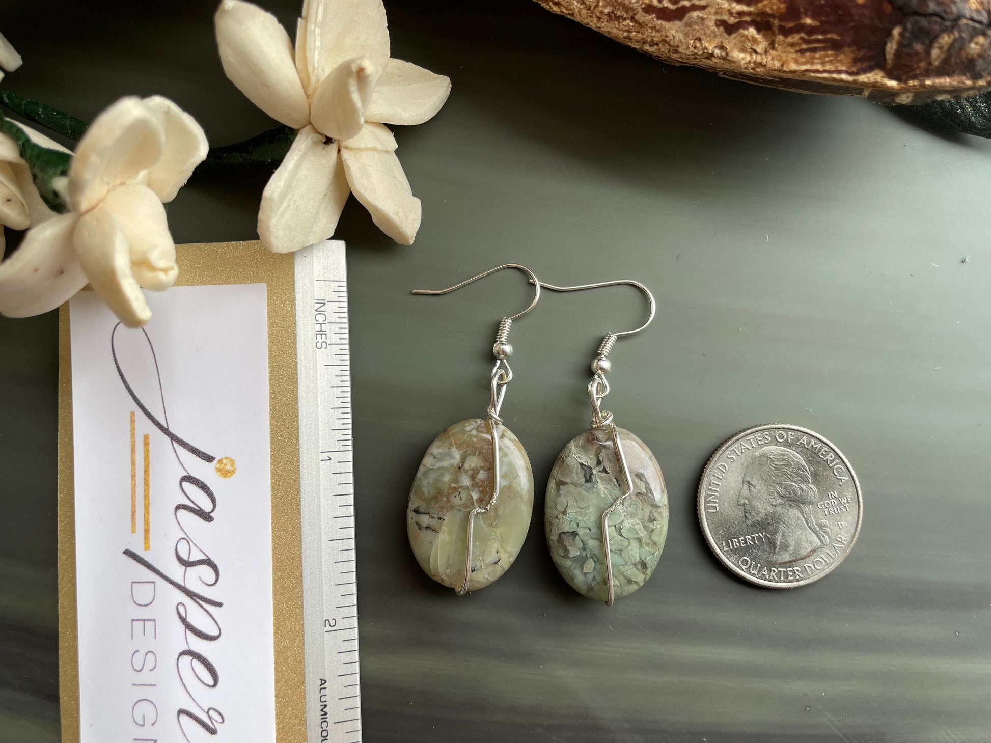 Natural Rainforest Jasper (Rhyolite) handmade drop earrings. Wire-wrapped in silver. Rare gemstones.