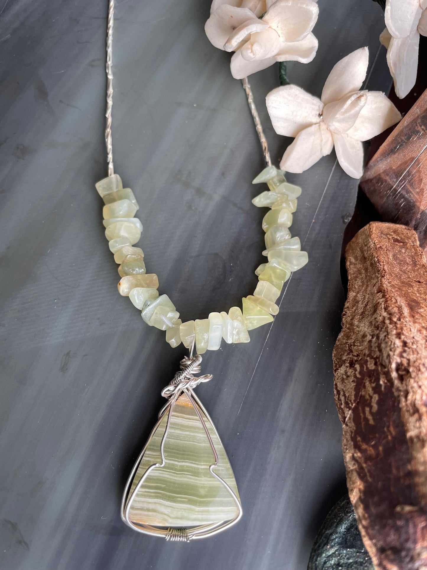 Hand wire wrapped Banded Agate cabochon with Prehnite chips and stainless steel beaded necklace. Handmade gemstone necklace. One-Of-A-Kind
