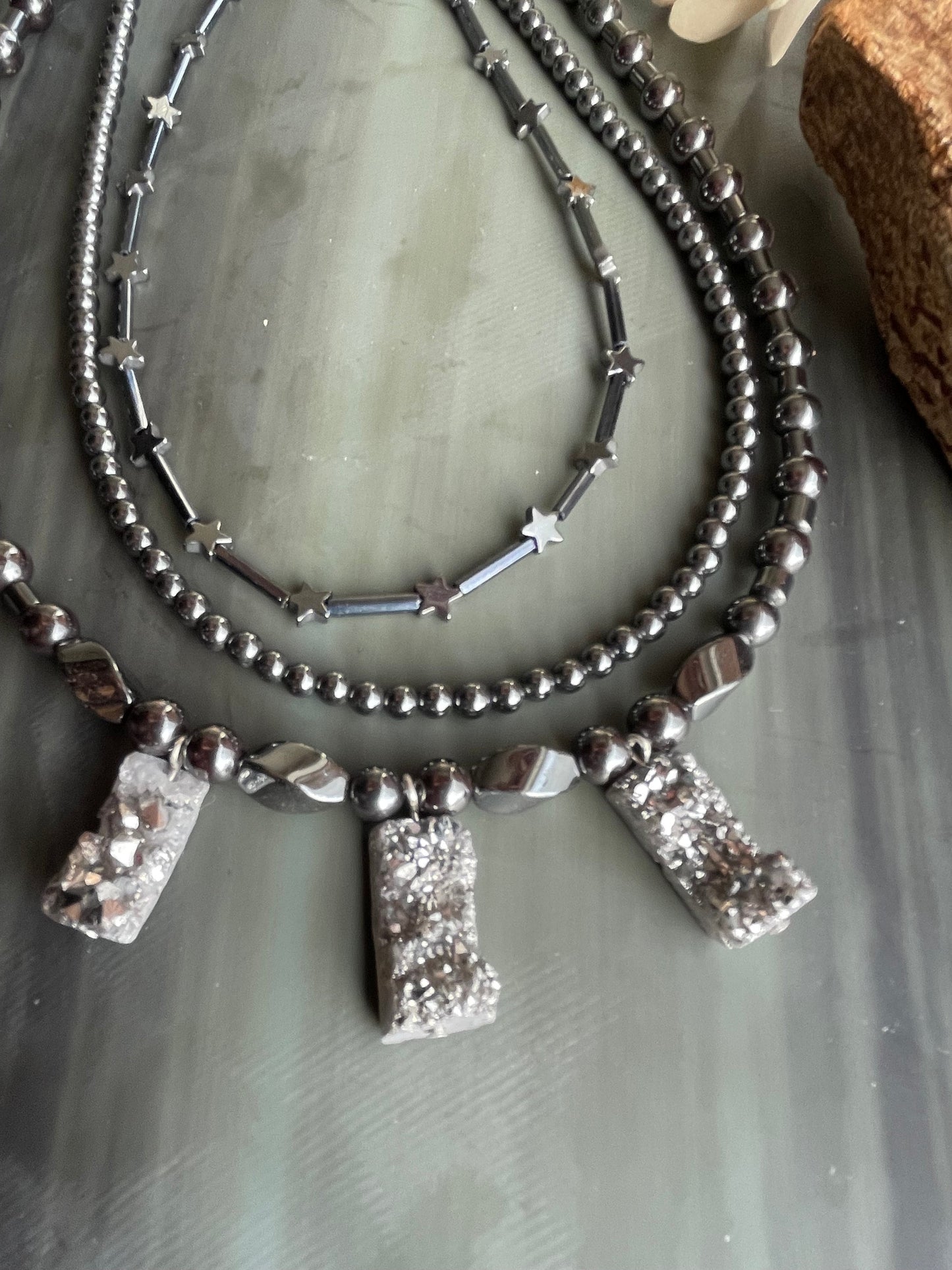 Platinum Druzy and Hematite layered necklace- One Of A Kind