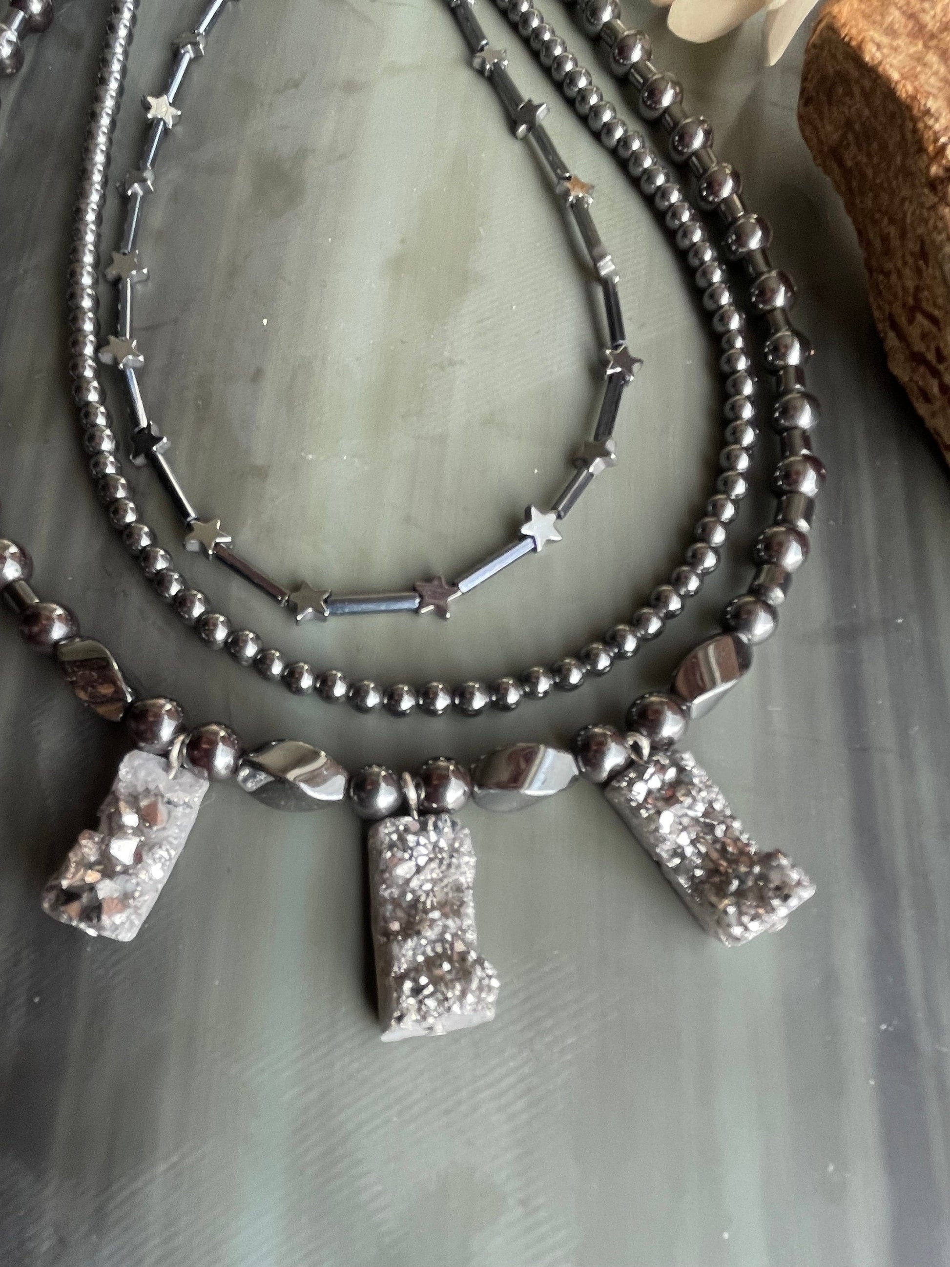 Platinum Druzy and Hematite layered necklace- One Of A Kind