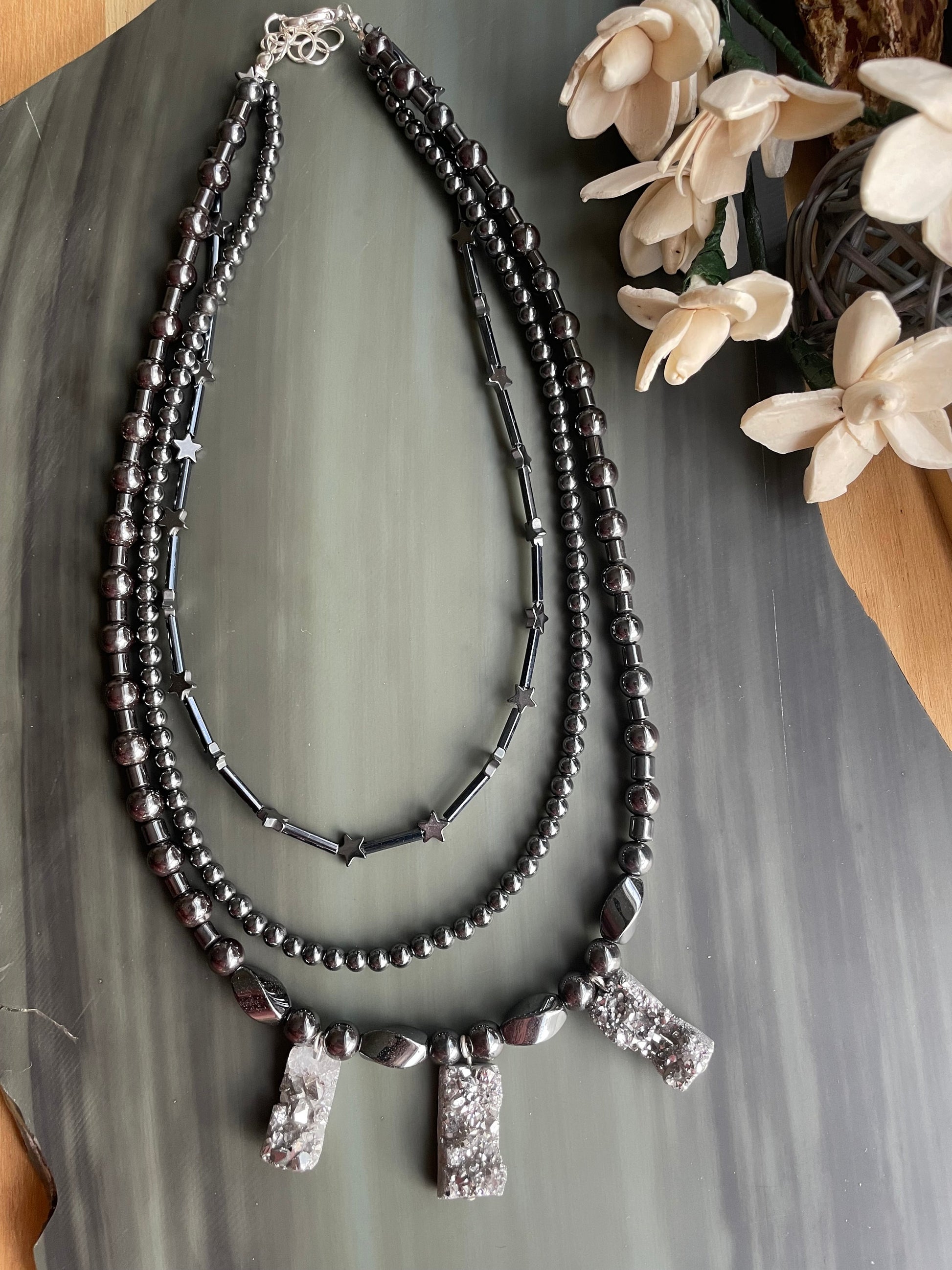 Platinum Druzy and Hematite layered necklace- One Of A Kind