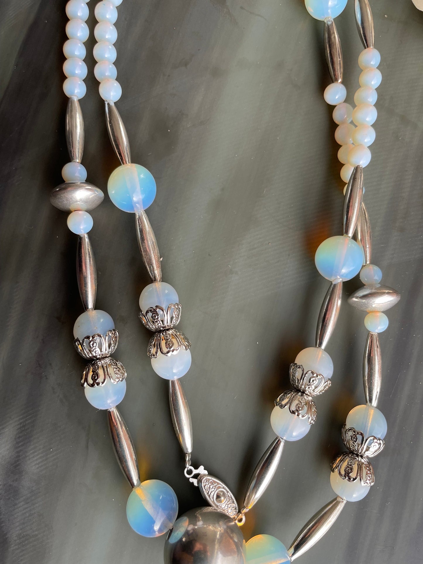 Opalite and stainless steel necklace, a handmade long beaded necklace