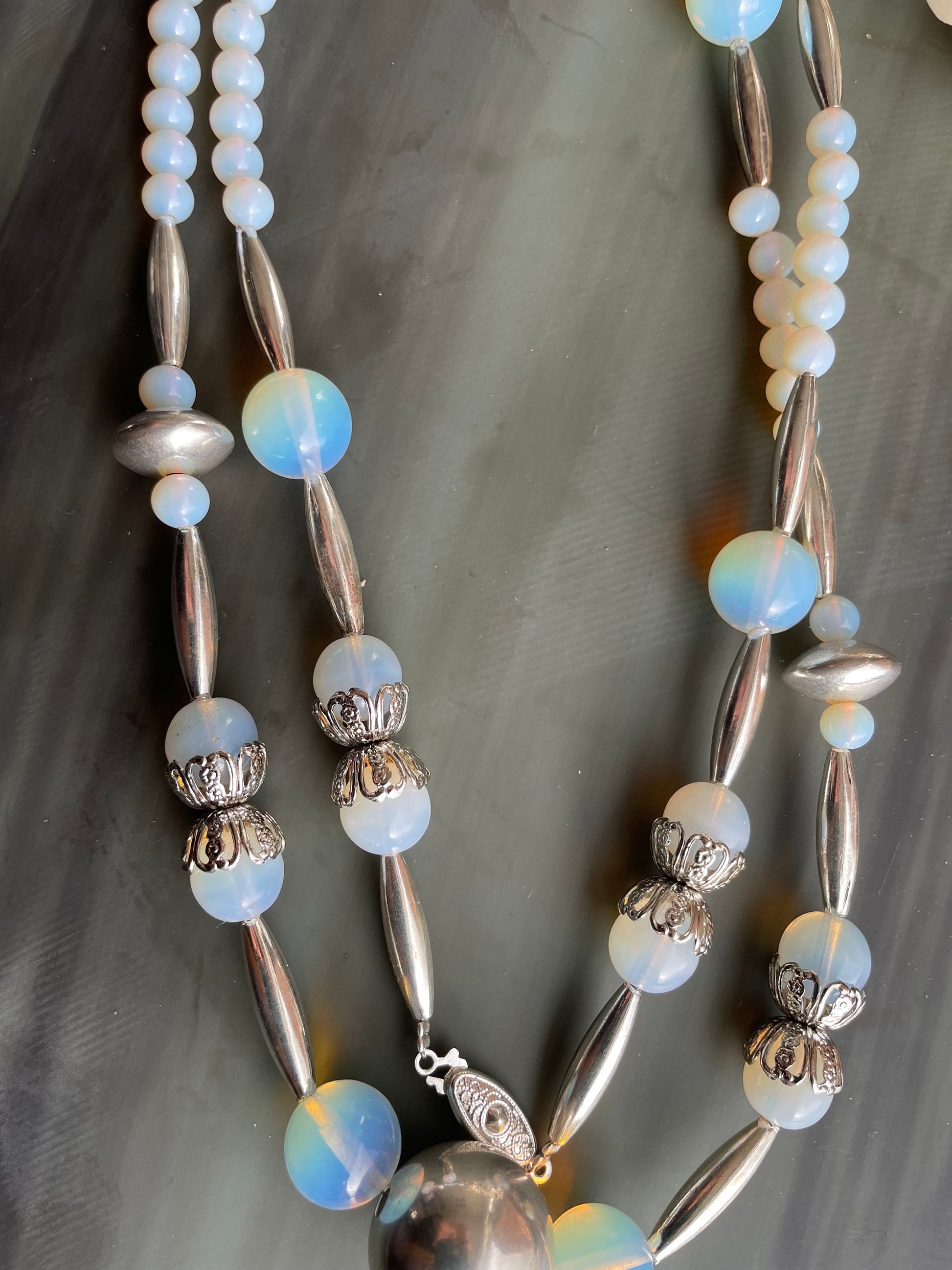 Opalite and stainless steel necklace, a handmade long beaded necklace