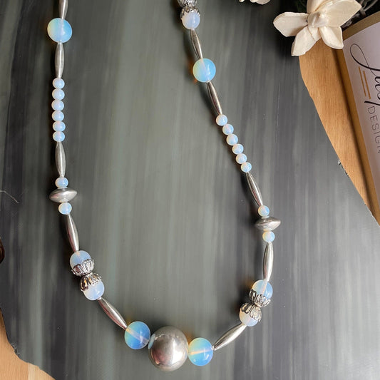 Opalite and stainless steel necklace, a handmade long beaded necklace