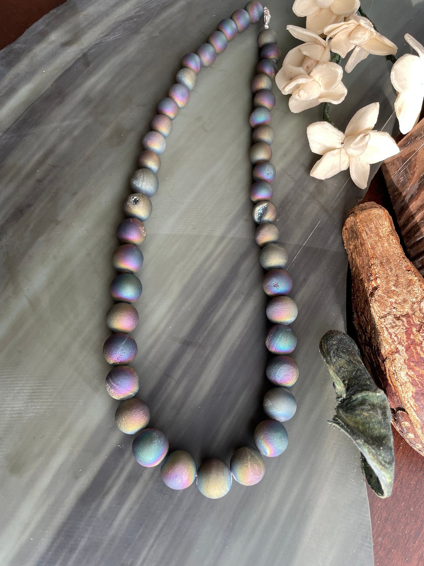 Stunning rainbow druzy necklace, big bold beads with crystals