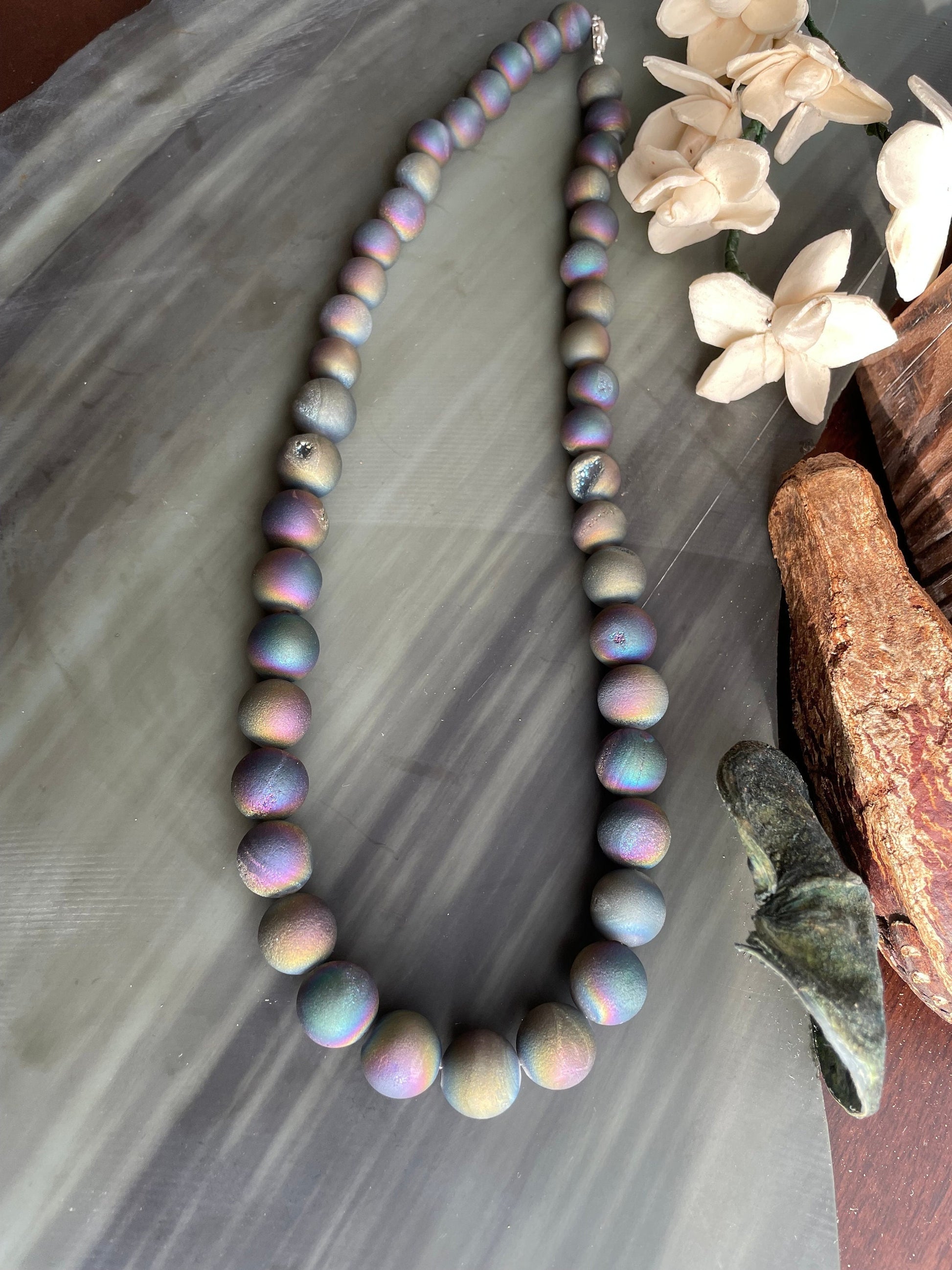 Stunning rainbow druzy necklace, big bold beads with crystals