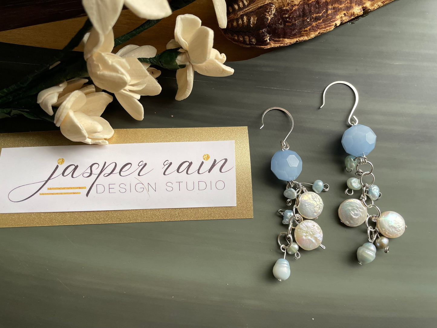 Blue Agate, Opalite gemstone, Mother of Pearl long dangle earrings / something blue Active