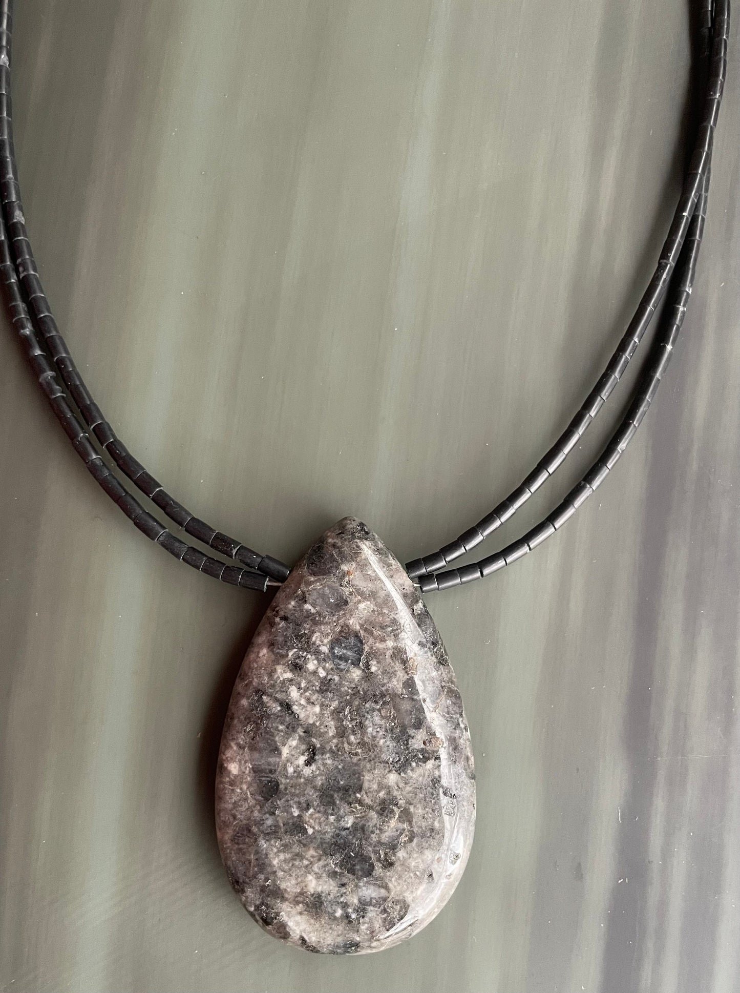 Black Labradorite/Larvikite pendant necklace with black Thai heishi beads: handmade