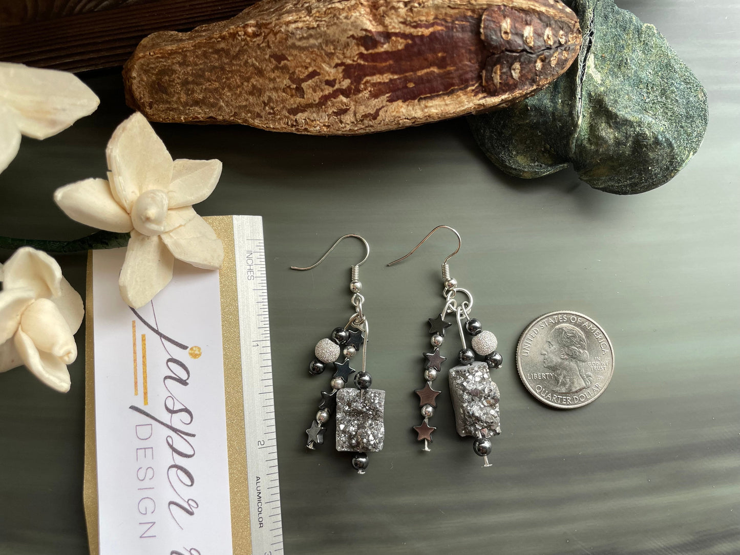 Platinum Druzy crystal, silver glitter beads, and hematite star beads. Handmade, one-of-a-kind dangle earrings