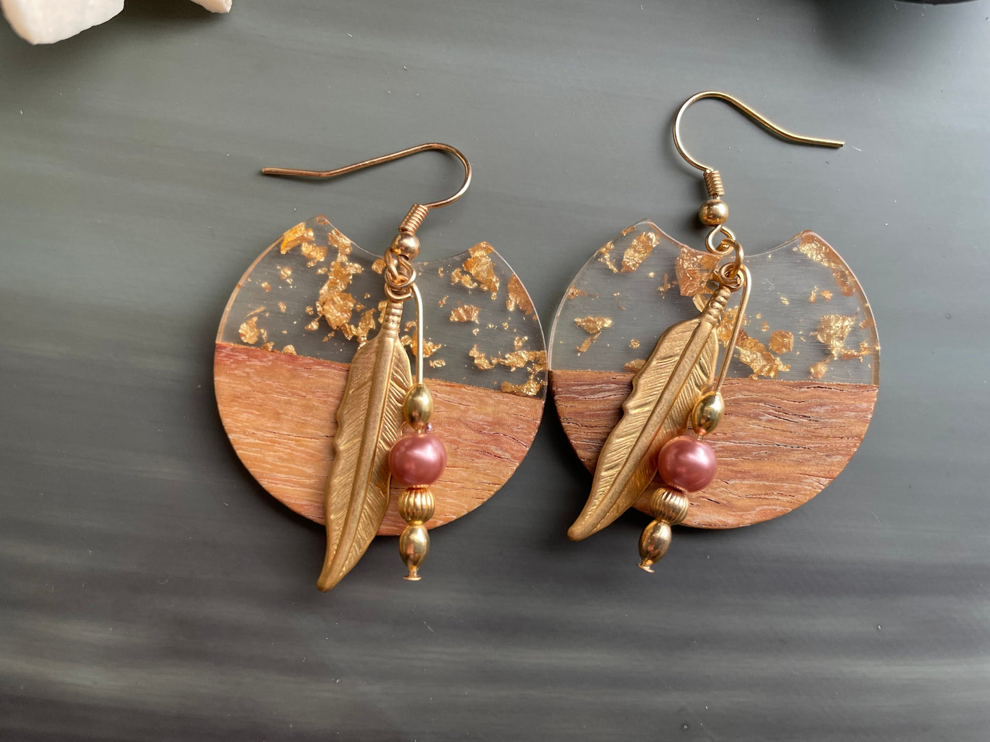 Wood, resin with gold flakes, pearl and gold feather earrings
