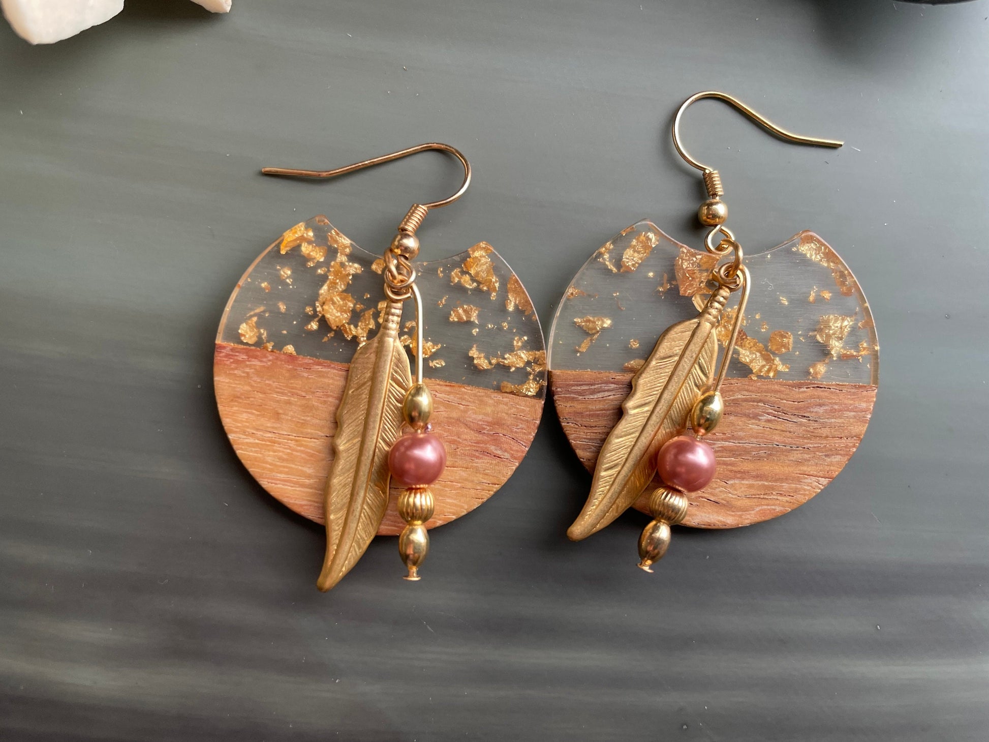 Wood, resin with gold flakes, pearl and gold feather earrings