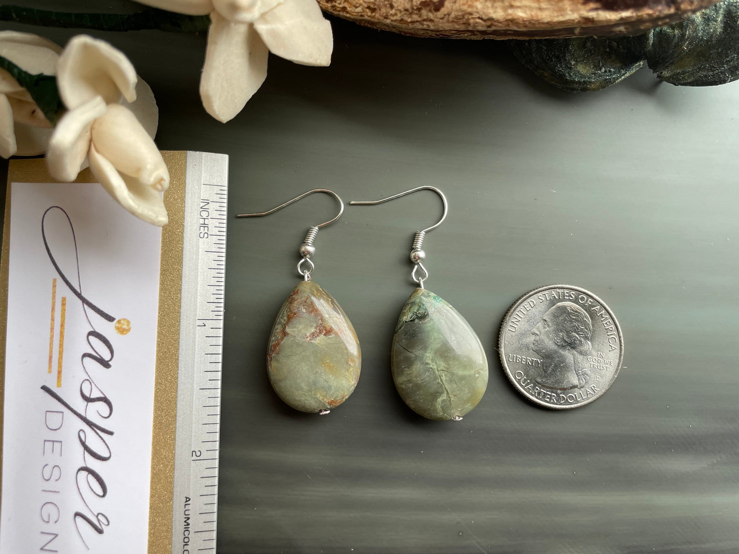Natural Rainforest Jasper (Rhyolite) teardrop earrings. Handmade drop earrings. Rare gemstones.