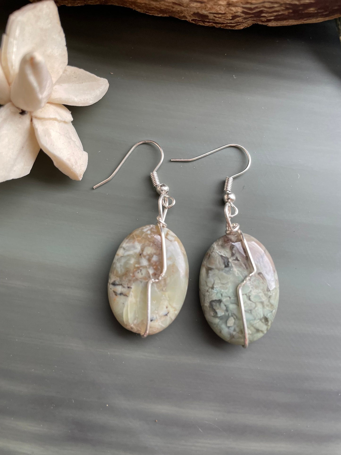 Natural Rainforest Jasper (Rhyolite) handmade drop earrings. Wire-wrapped in silver. Rare gemstones.