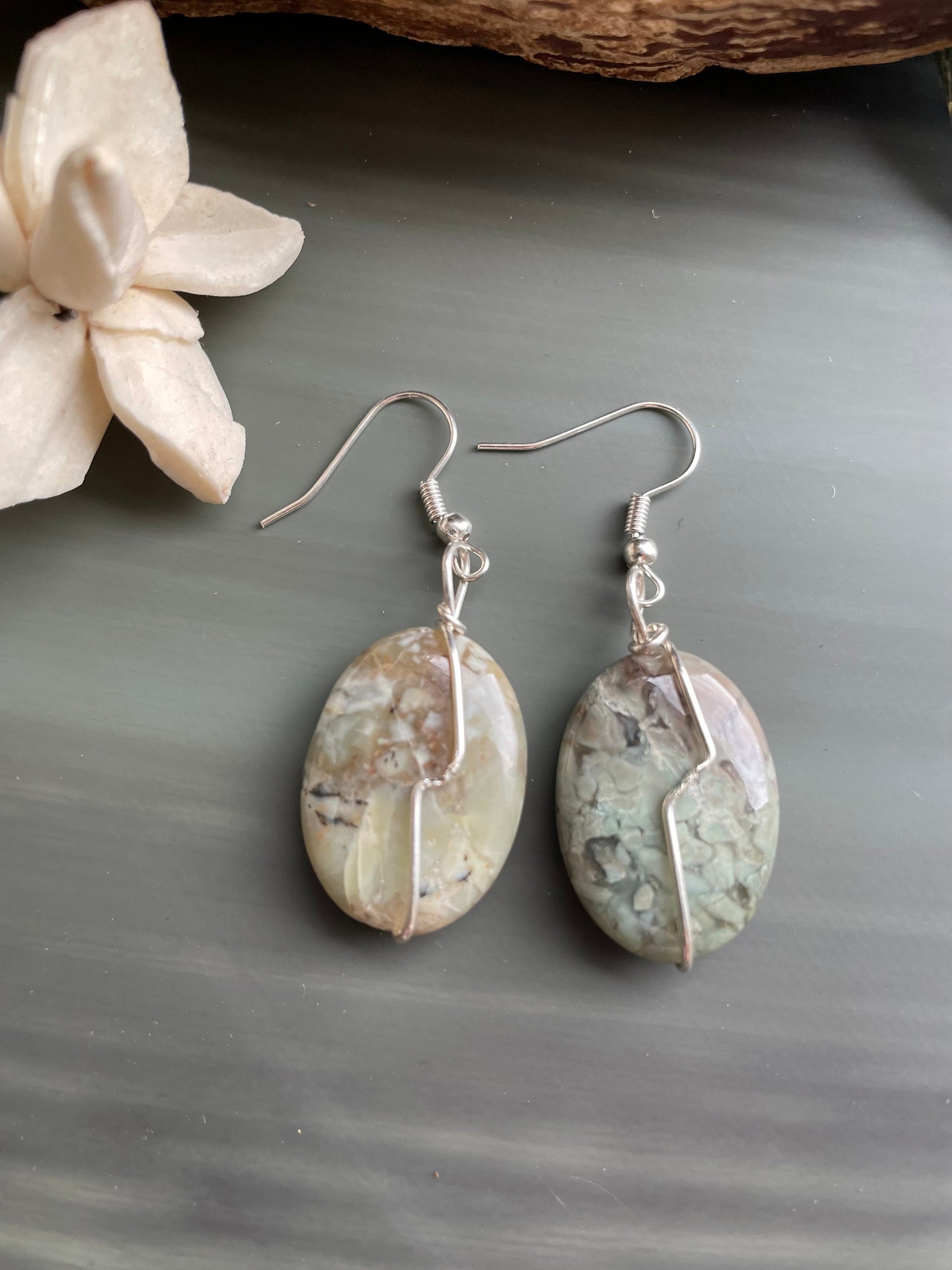 Natural Rainforest Jasper (Rhyolite) handmade drop earrings. Wire-wrapped in silver. Rare gemstones.