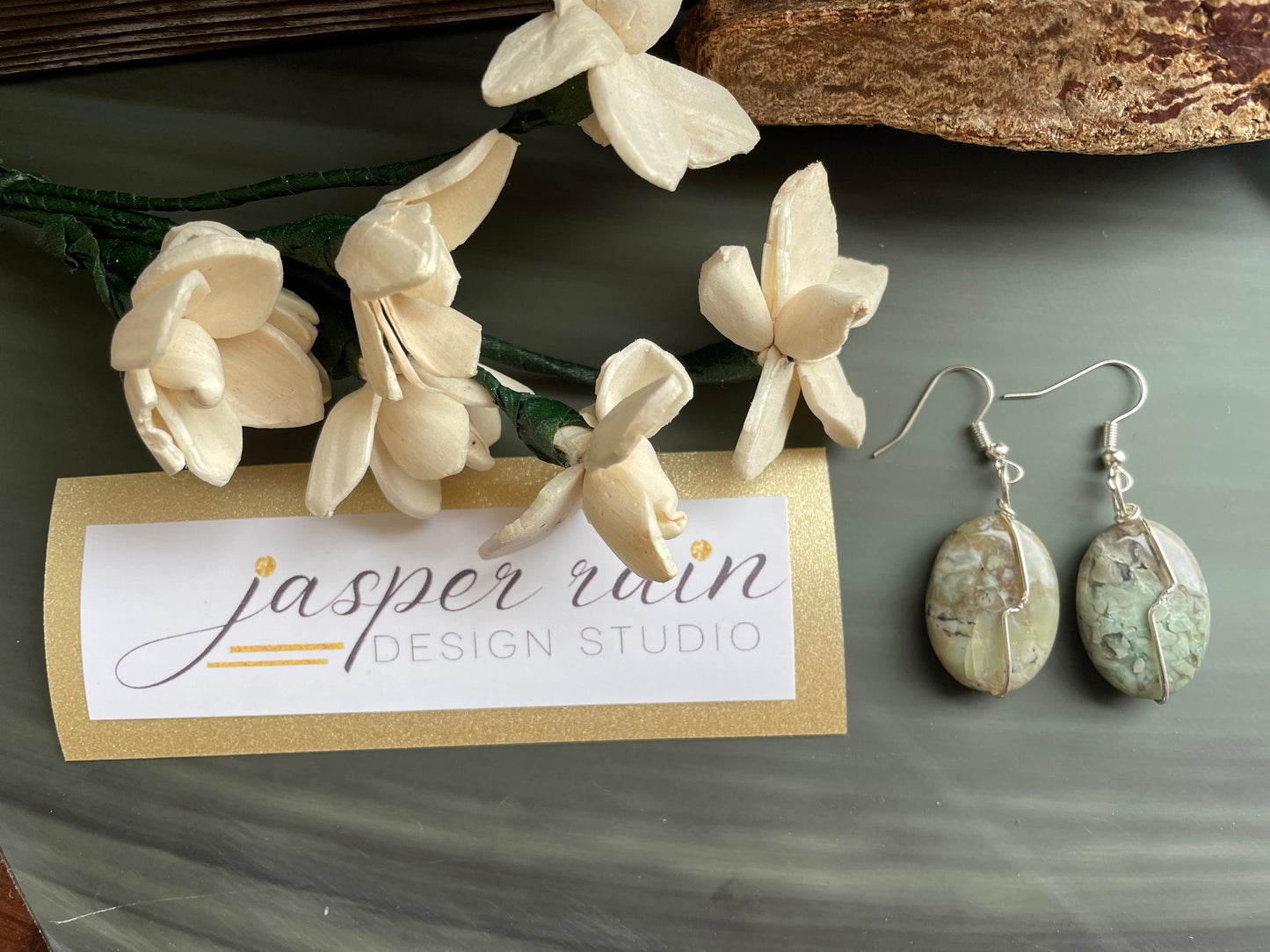 Natural Rainforest Jasper (Rhyolite) handmade drop earrings. Wire-wrapped in silver. Rare gemstones.
