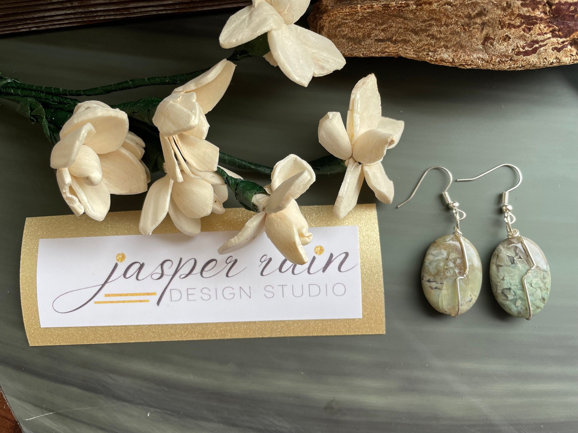 Natural Rainforest Jasper (Rhyolite) handmade drop earrings. Wire-wrapped in silver. Rare gemstones.