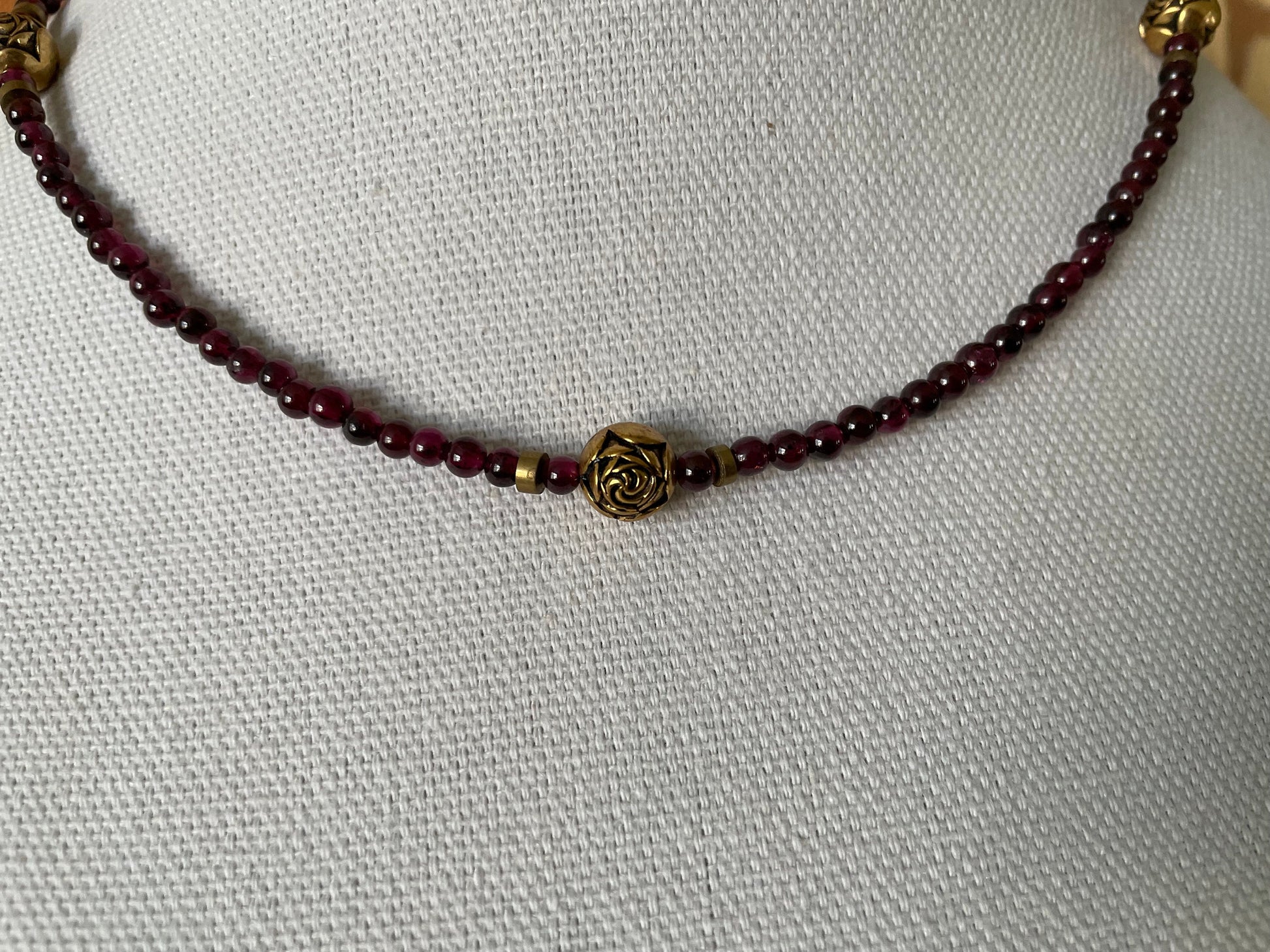 Natural Garnet and gold rose beaded necklace. Simple, lovely & can be used for layering, too. Handmade.