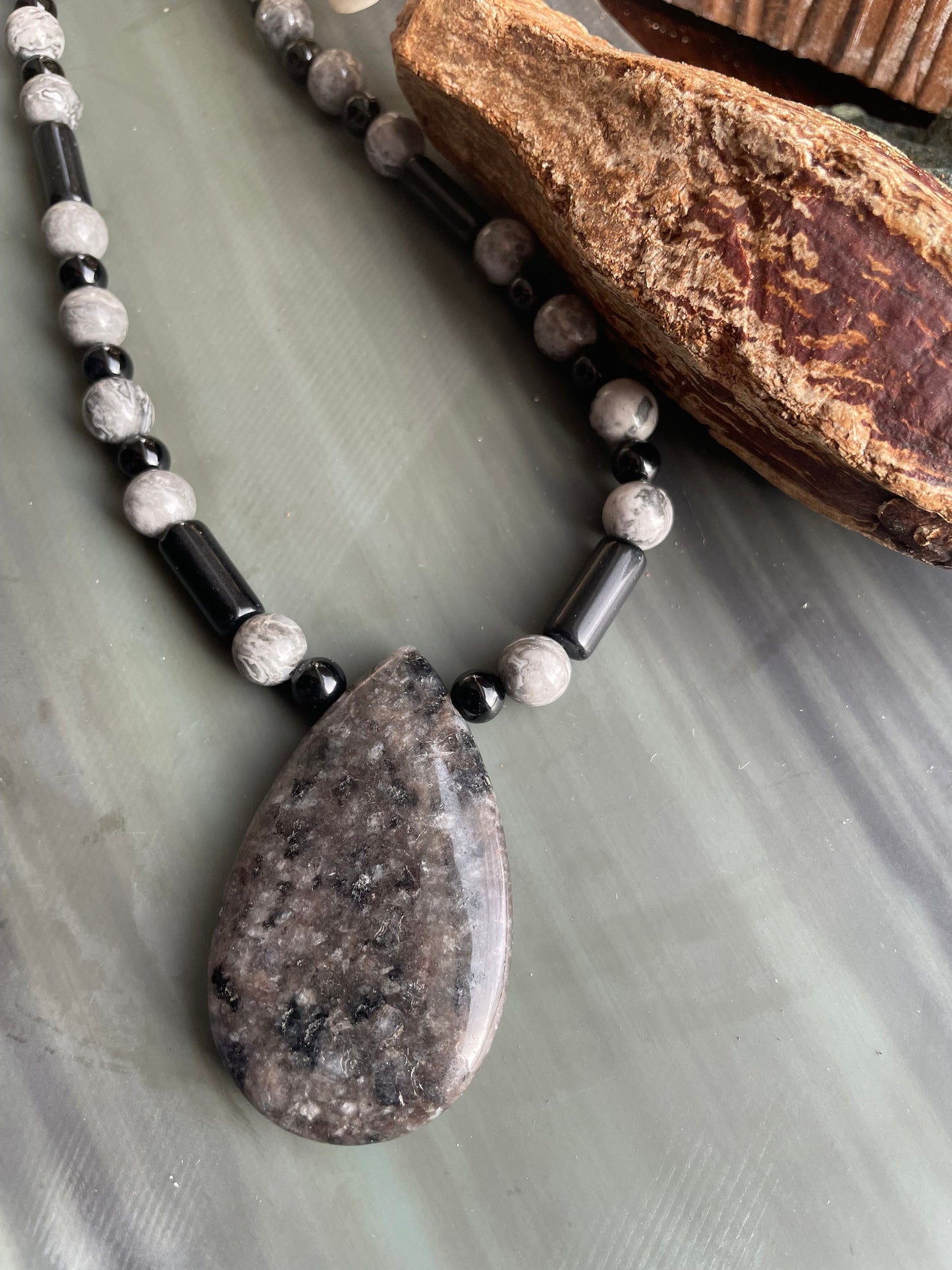 Black Labradorite/Larvikite pendant necklace with black onyx and silver crazy lace agate: handmade