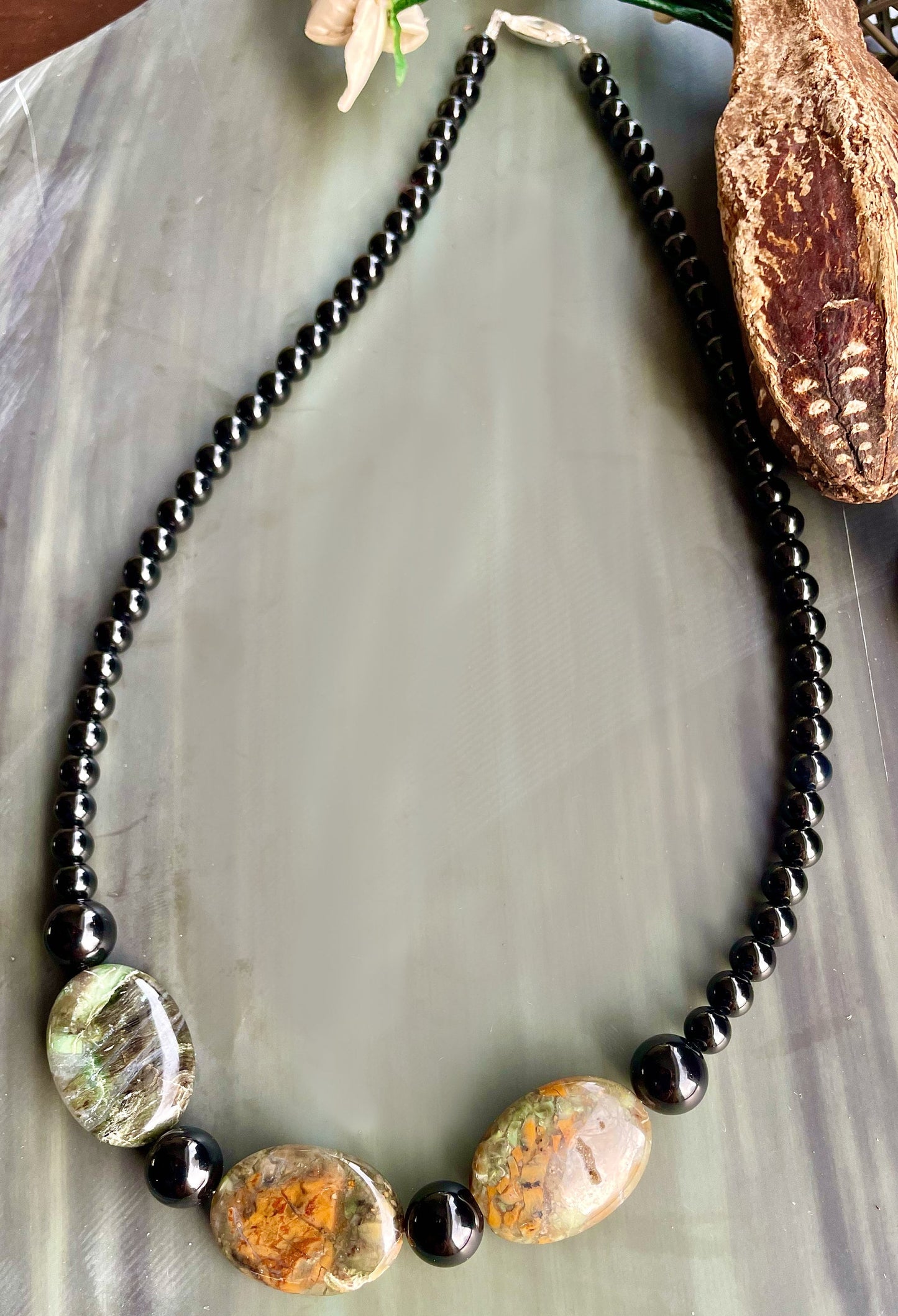Eye-catching natural Rainforest Jasper and Black onyx necklace: handmade
