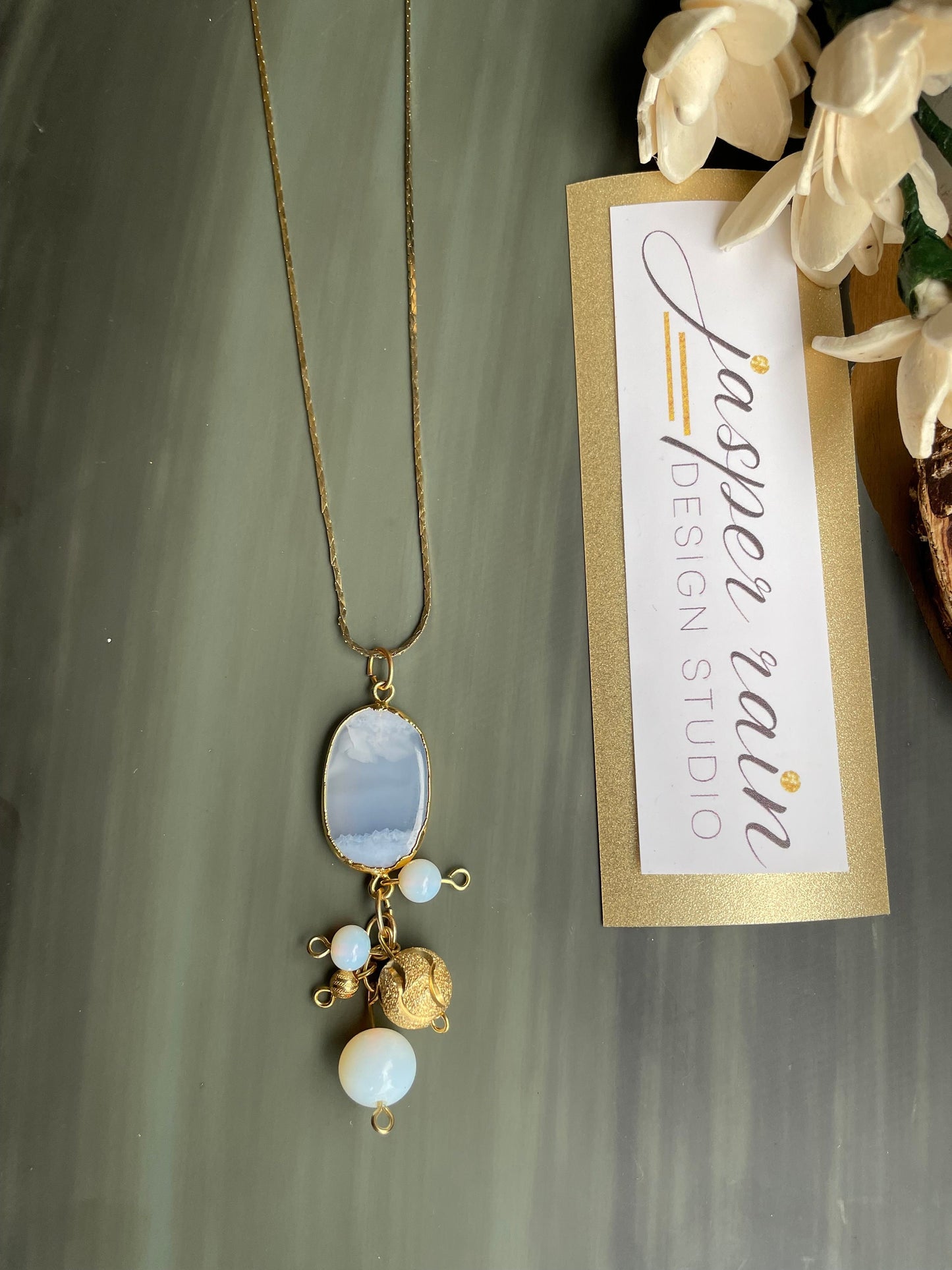 Handmade Chalcedony quartz gold pendant necklace with 18k gold plated beads and Oplalite beads