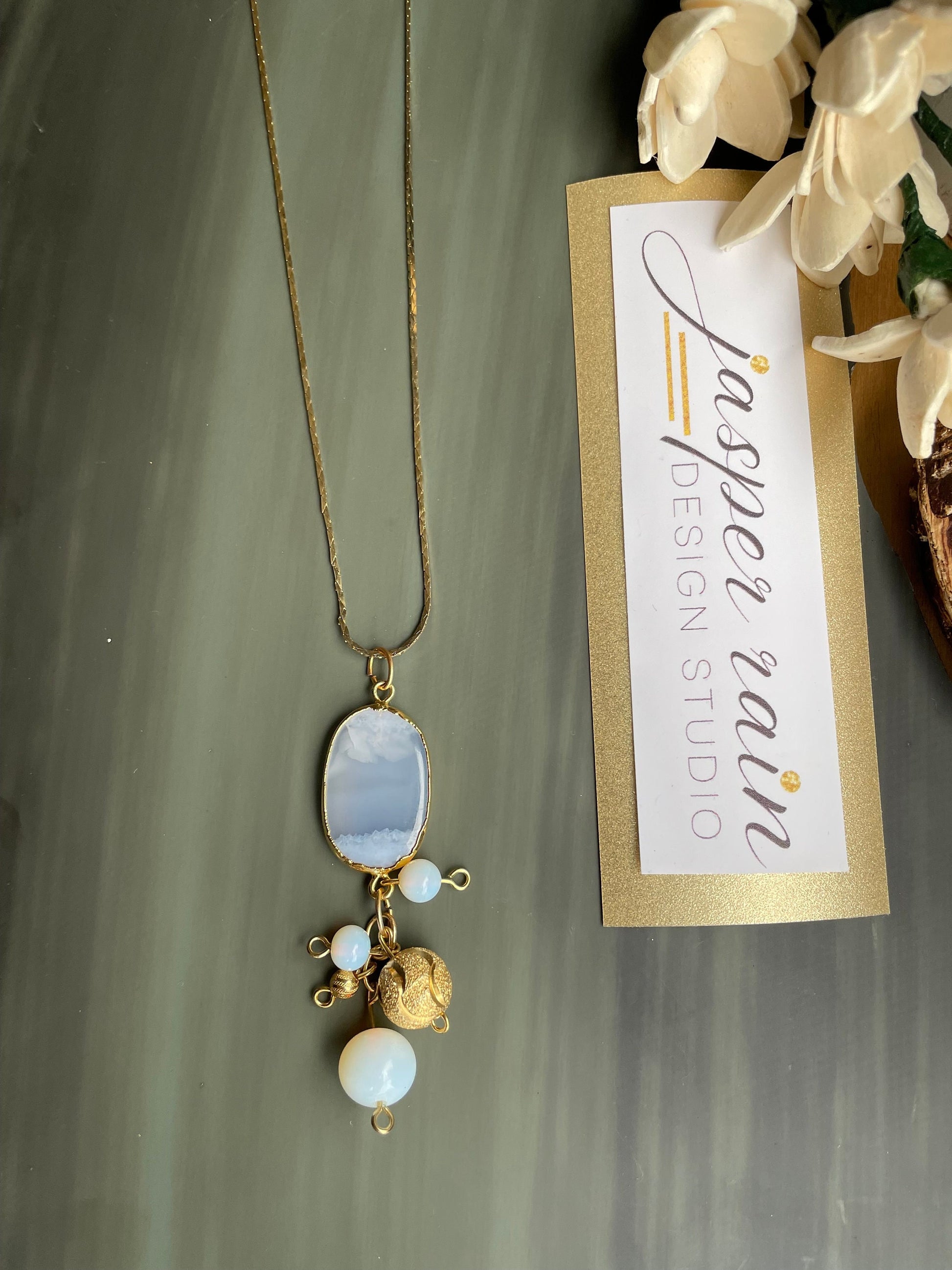 Handmade Chalcedony quartz gold pendant necklace with 18k gold plated beads and Oplalite beads