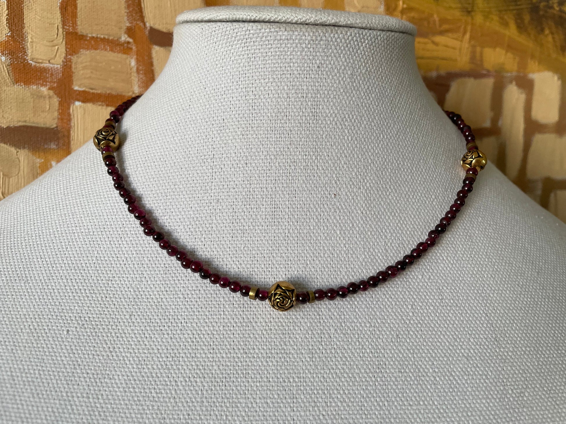 Natural Garnet and gold rose beaded necklace. Simple, lovely & can be used for layering, too. Handmade.