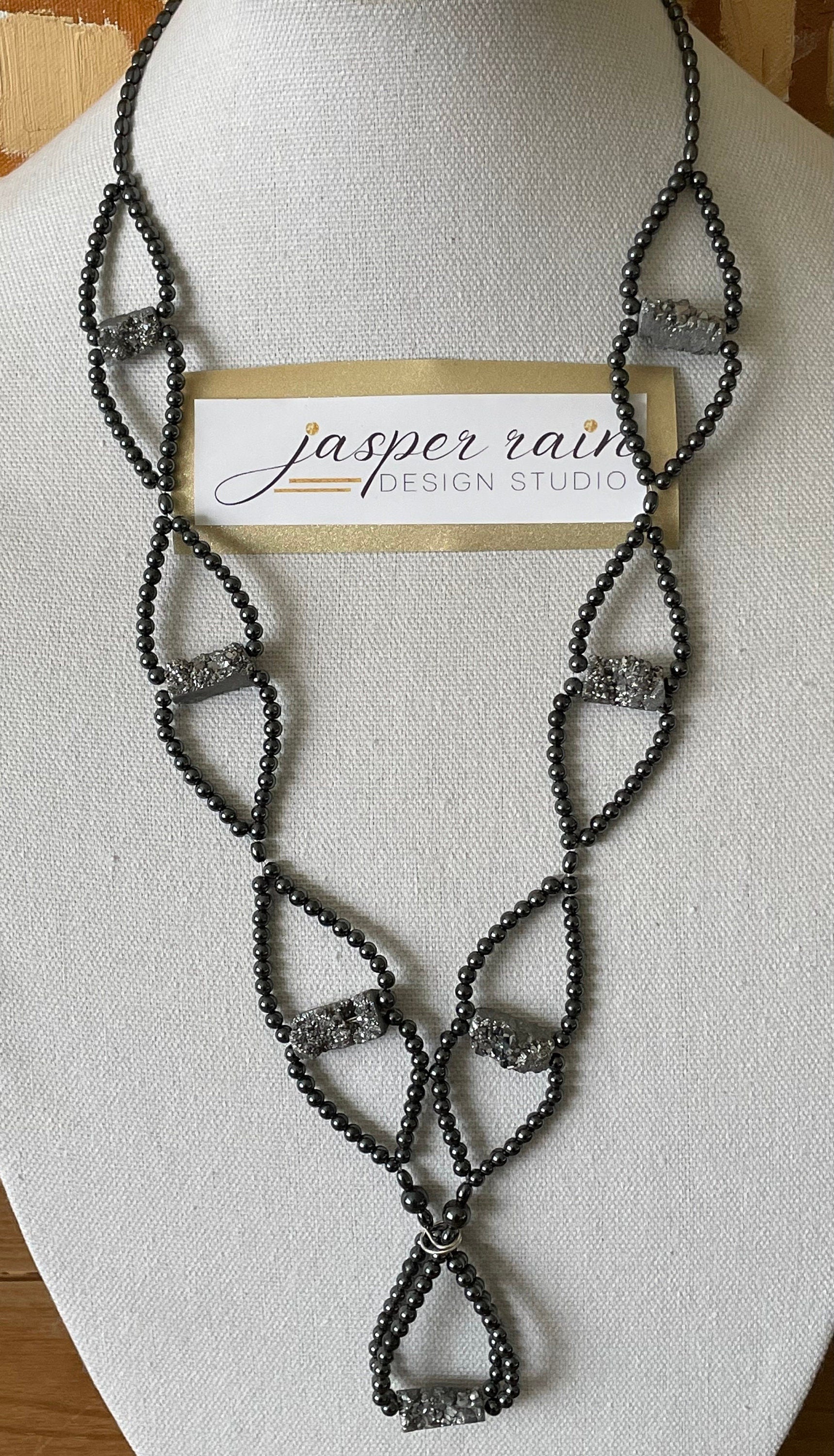 Platinum Druzy and Hematite long-length necklace - One of a kind