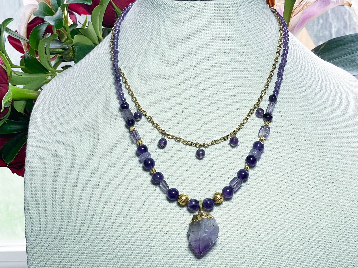 Natural Amethyst crystal layered druzy pendant necklace/handmade/ February Birthstone