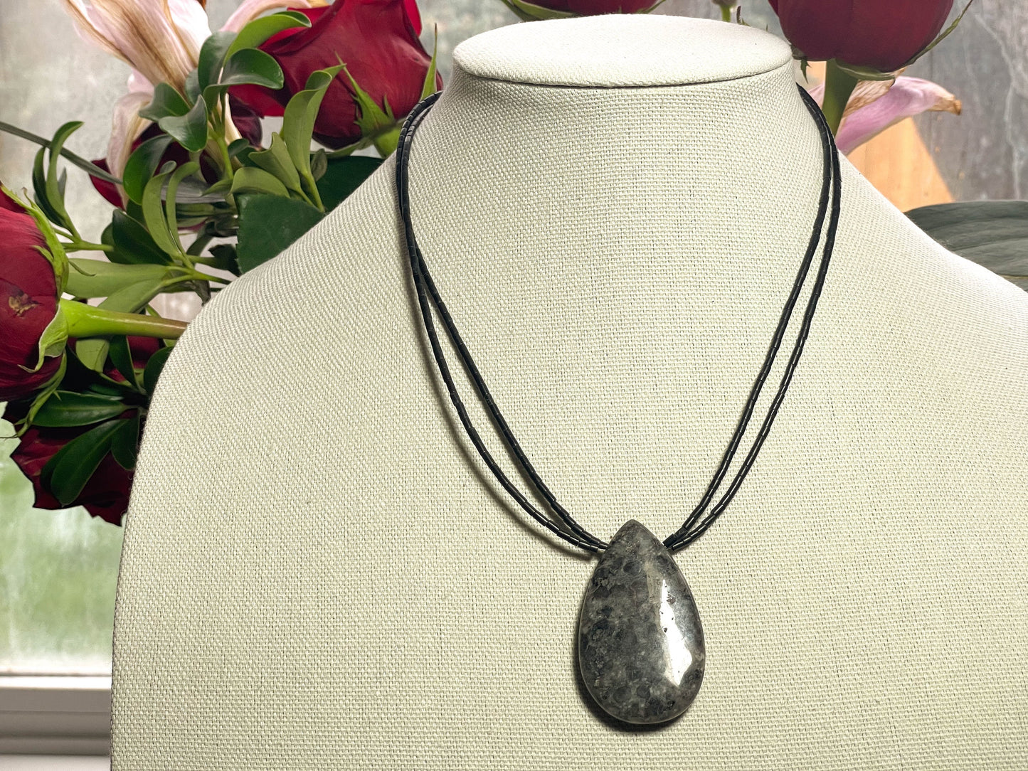 Black Labradorite/Larvikite pendant necklace with black Thai heishi beads: handmade