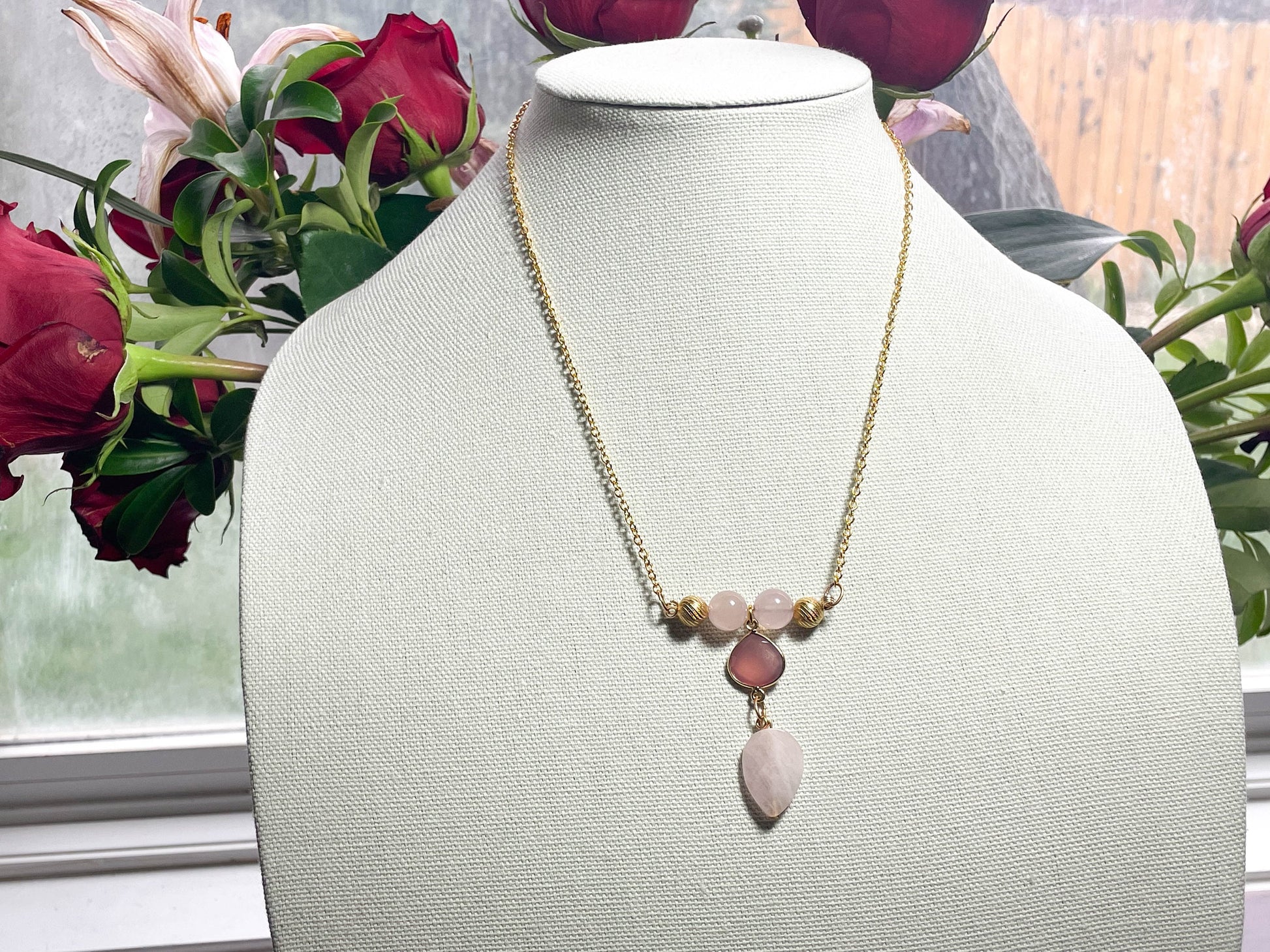 Rose Quartz Leaf and light pink chalcedony pendant necklace