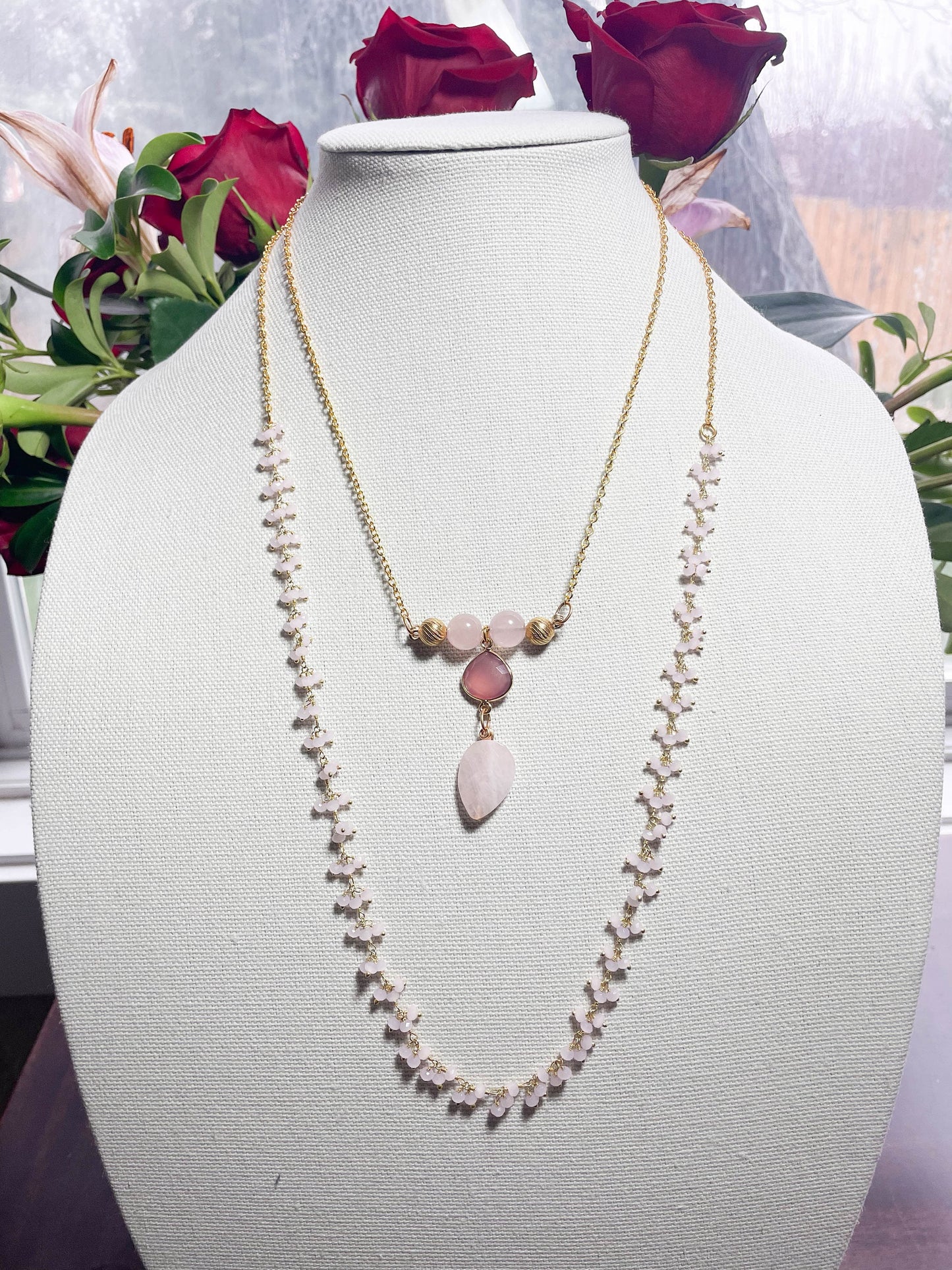 Rose Quartz Leaf and light pink chalcedony pendant necklace