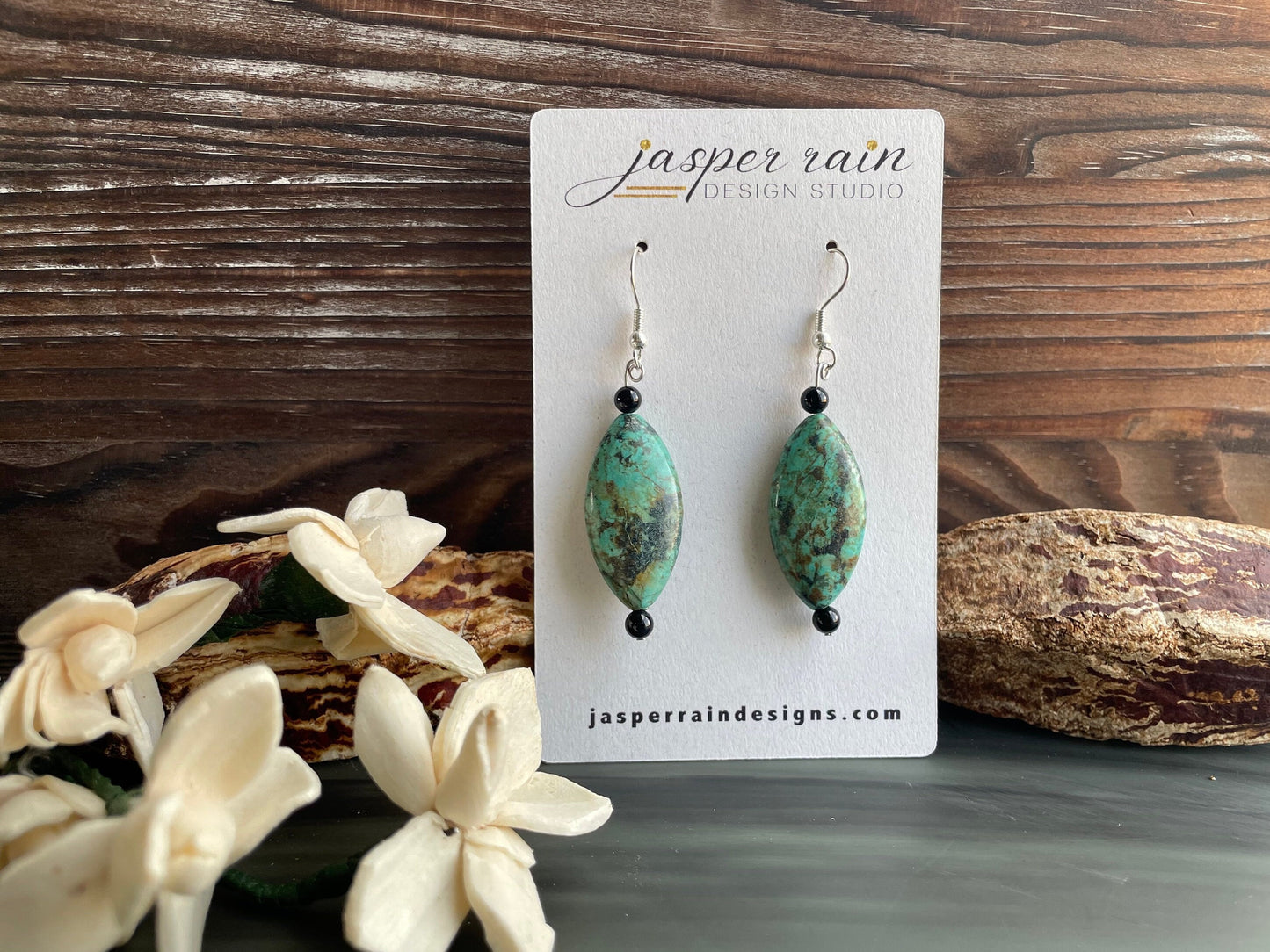 Handmade African Turquoise and black onyx drop earrings